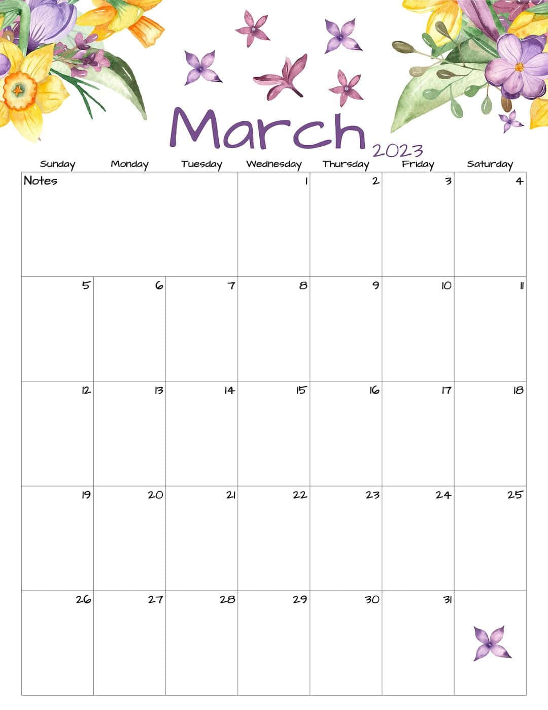 March 桌布 壁紙 — 一幅水彩畫風格的2023年3月月曆，角落點綴著黃色水仙花和紫色花朵。