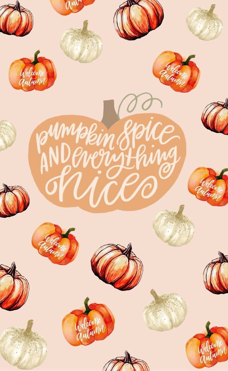 Autumn Pumpkin iPhone 桌布 壁紙 — 一幅水彩秋季壁紙，橙色和白色的南瓜散落在淡粉紅色的背景上，並帶有「pumpkin spice and everything nice」的字句。