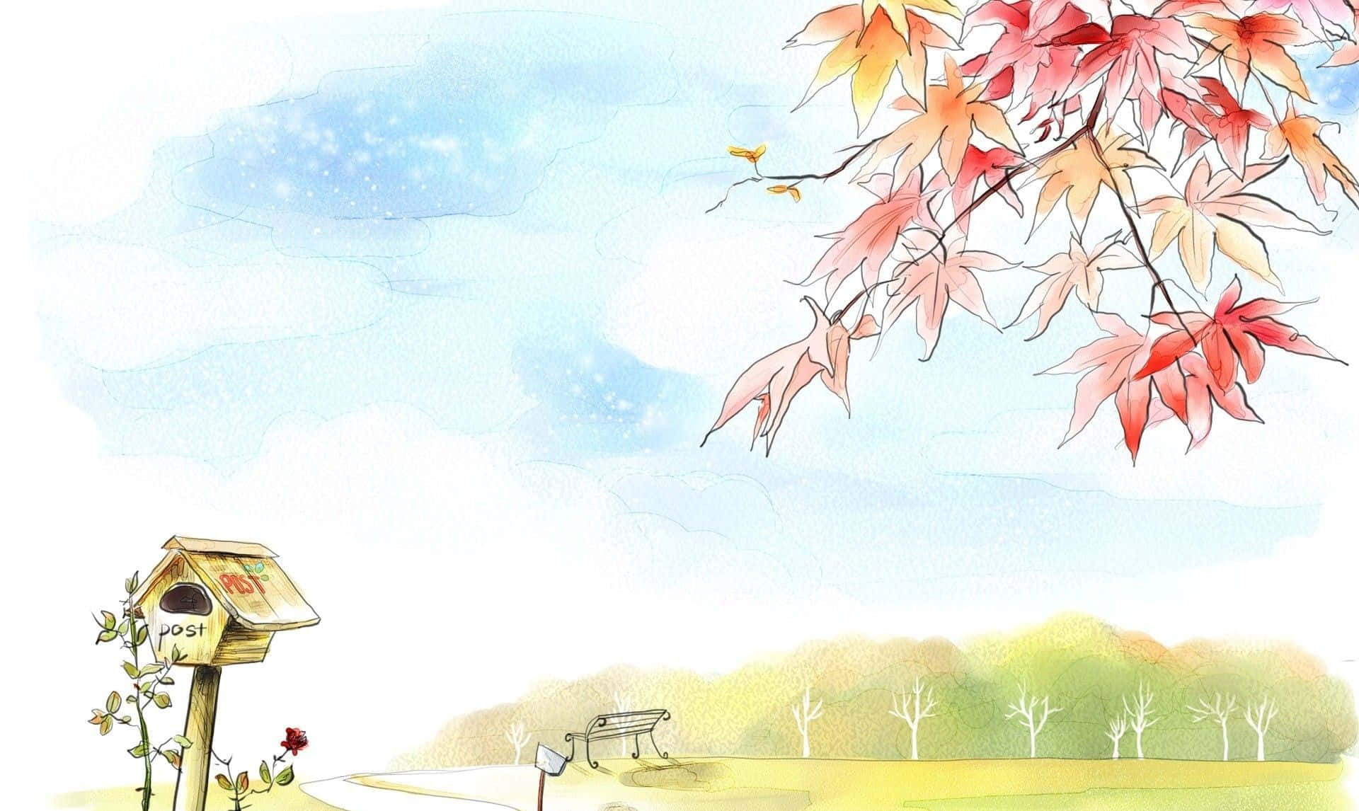 Art Drawing 桌布 壁紙 — 一幅水彩秋景，鮮紅的楓葉垂掛在木造郵局和長椅上，背景是柔和的藍天。