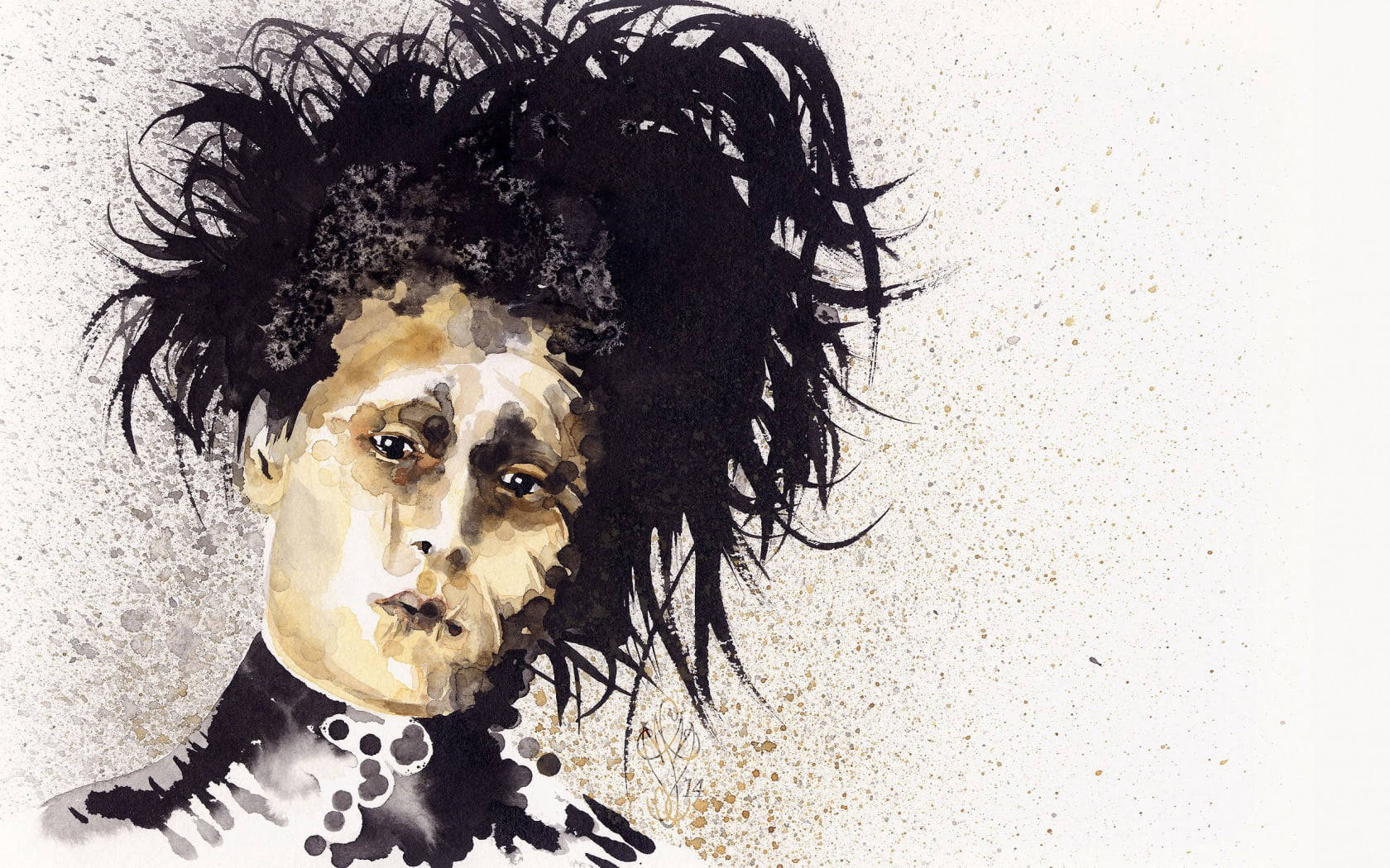 Edward Scissorhands 桌布 壁紙 — 一幅水彩肖像畫，描繪一個擁有狂野黑髮和紋理臉部的人，背景帶有斑點。