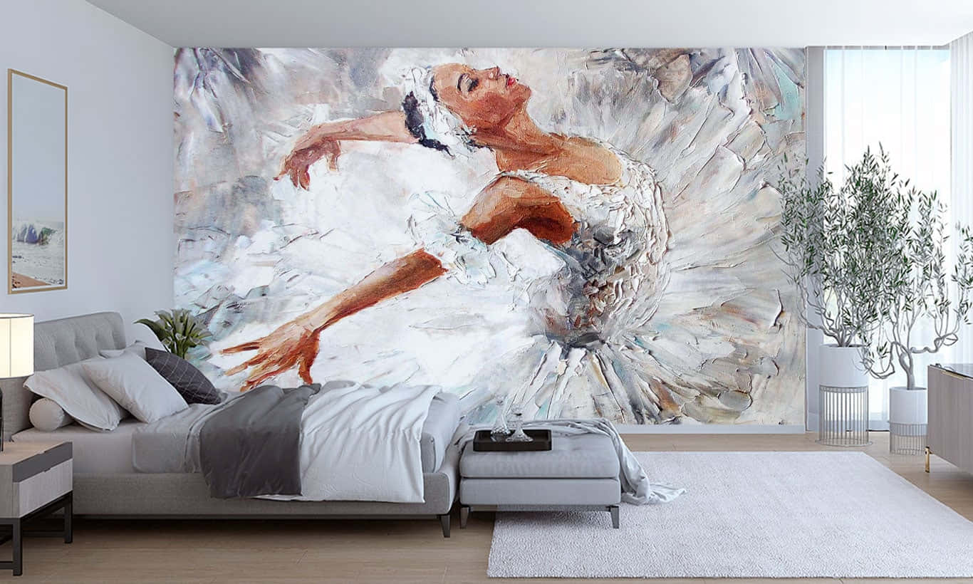 ballerina 桌布 壁紙 — 一幅水彩風格壁畫，描繪一位優雅的芭蕾舞者正在跳躍，佔據了現代臥室的牆面。