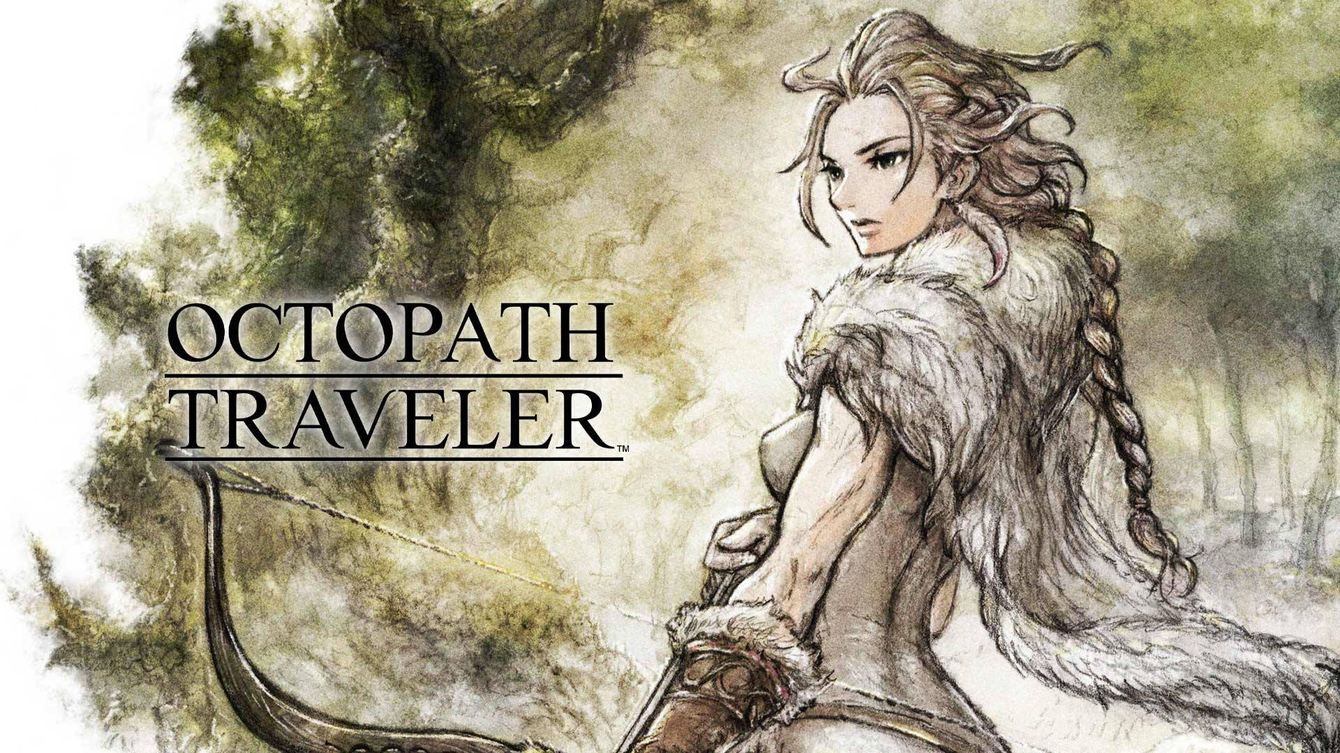 Traveler 桌布 壁紙 — 一幅水彩風格插圖，描繪一位身穿毛皮襯裡斗篷、意志堅定的女弓箭手，佇立在迷霧森林中。
