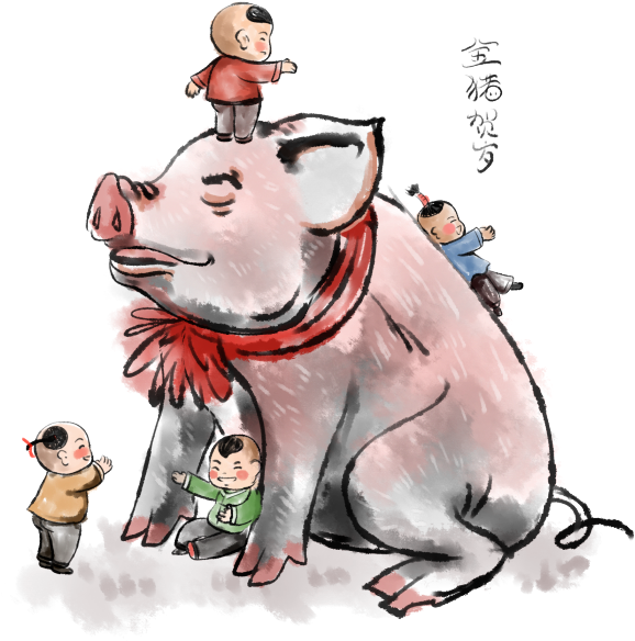 Painting 桌布 壁紙 — 一幅水彩風格插圖，描繪一隻大粉紅豬，孩子們在牠周圍和身上玩耍，背景為黑色。