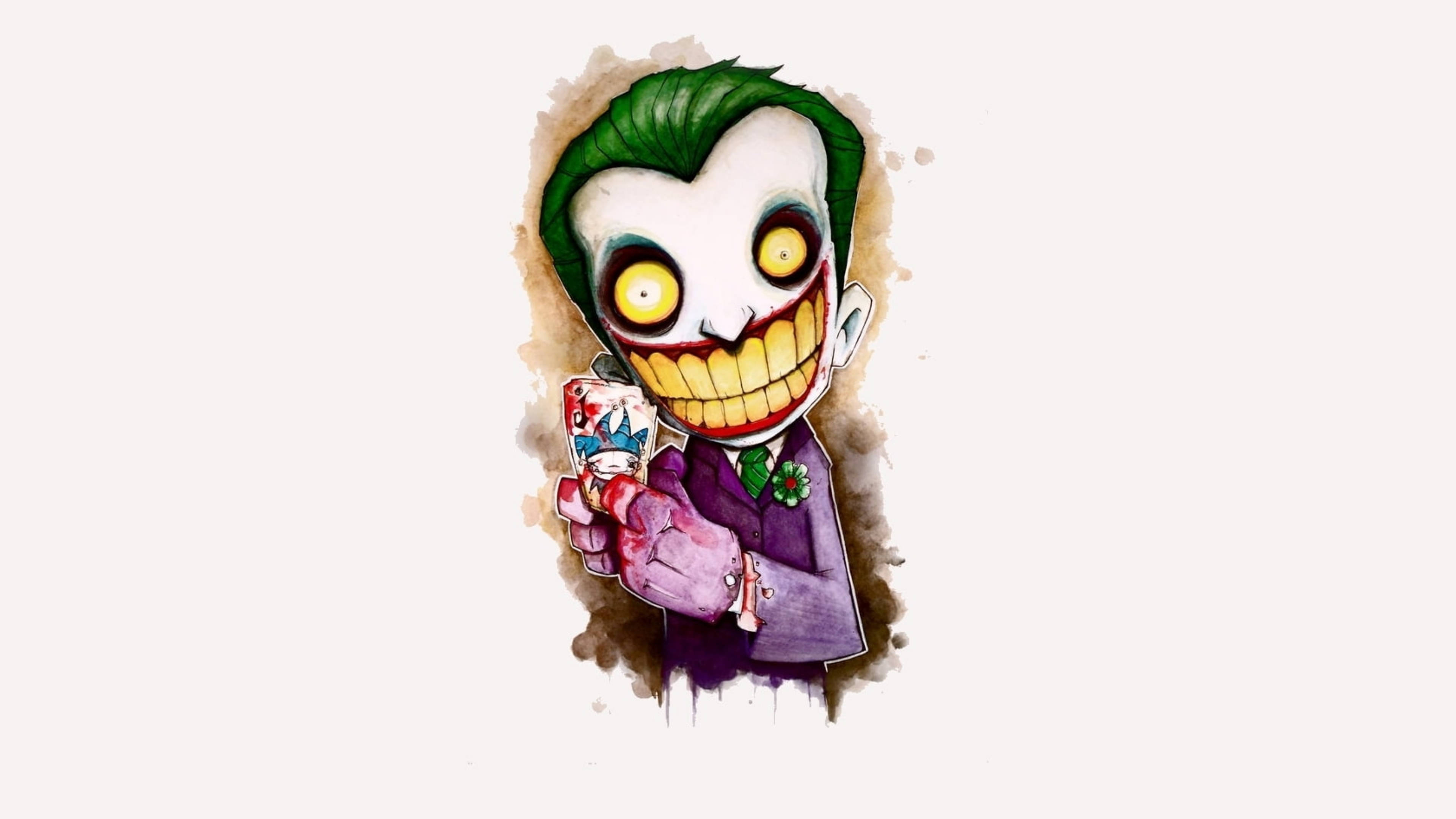 Joker Drawing 桌布 壁紙 — 一幅水彩風格插圖，描繪小丑手持一張撲克牌，露出燦爛笑容和發光的黃色眼睛。