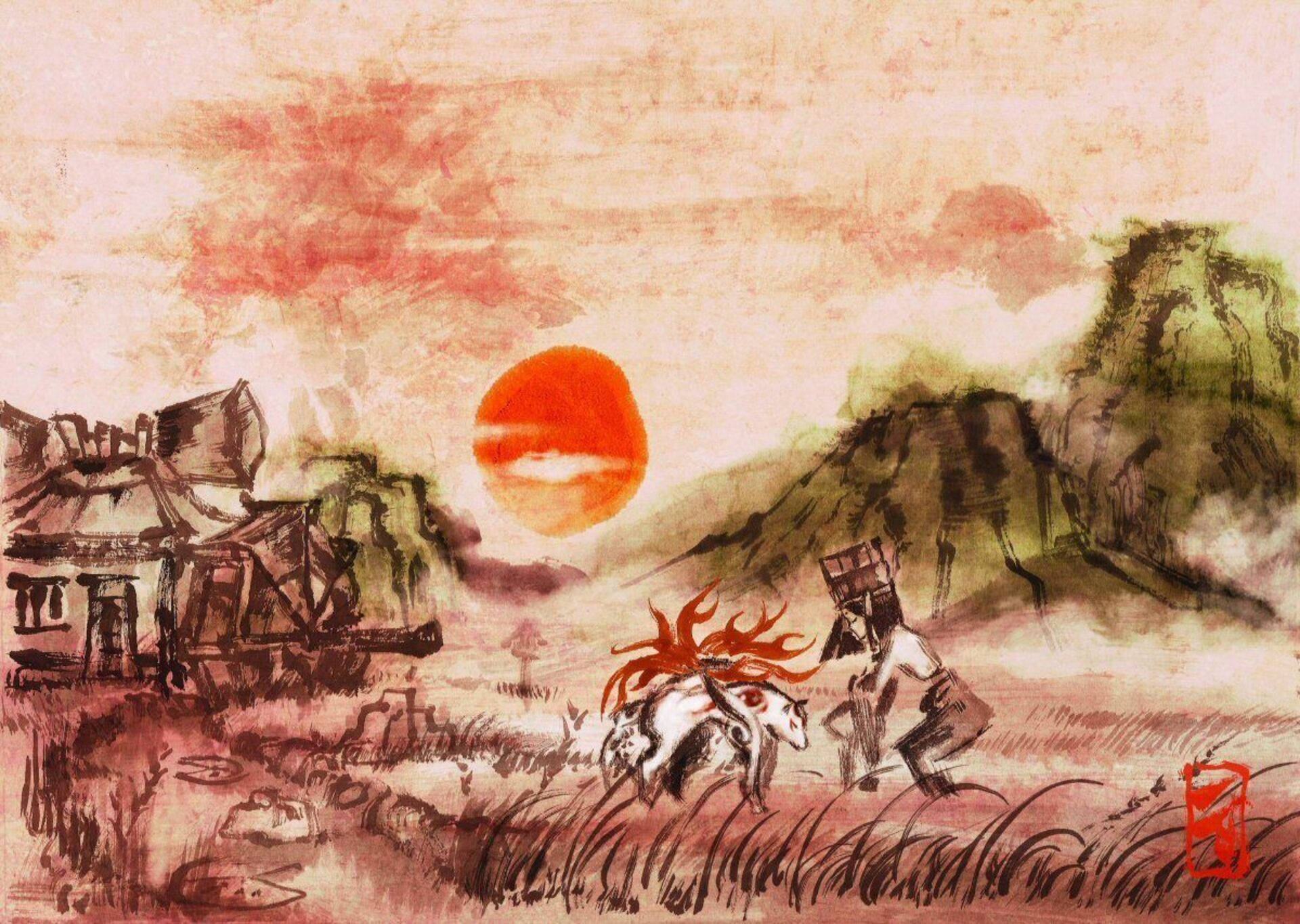 Okami 桌布 壁紙 — 一幅水彩風格插圖描繪一位孤獨的旅人帶著一匹火紅毛色的馬，穿過迷霧田野，走向一個在橙色太陽照耀下的質樸村莊。