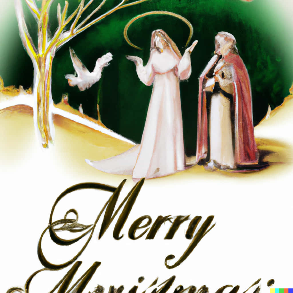 Religious Christmas 桌布 壁紙 — 一幅水彩風格插圖描繪了寧靜的耶穌誕生場景，有兩個身穿長袍的人物和一隻鴿子在光禿的樹下，背景是深綠色。