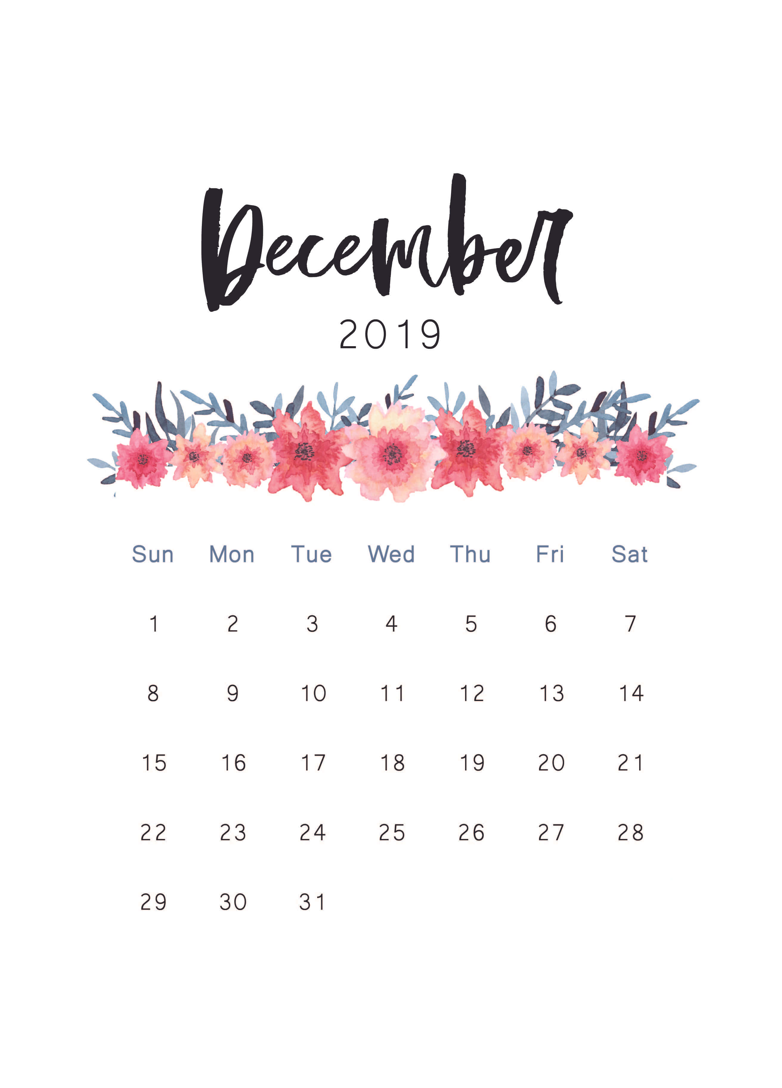 Cute December 桌布 壁紙 — 一幅水彩風格的2019年12月月曆，飾有粉紅和珊瑚色花朵以及藍綠色葉子的花卉邊框。