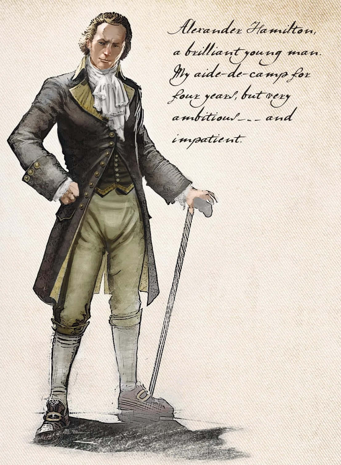 Alexander Hamilton 桌布 壁紙 — 一幅水彩風格的亞歷山大·漢密爾頓肖像，身著殖民時期服裝，手持手杖，旁邊有手寫文字。
