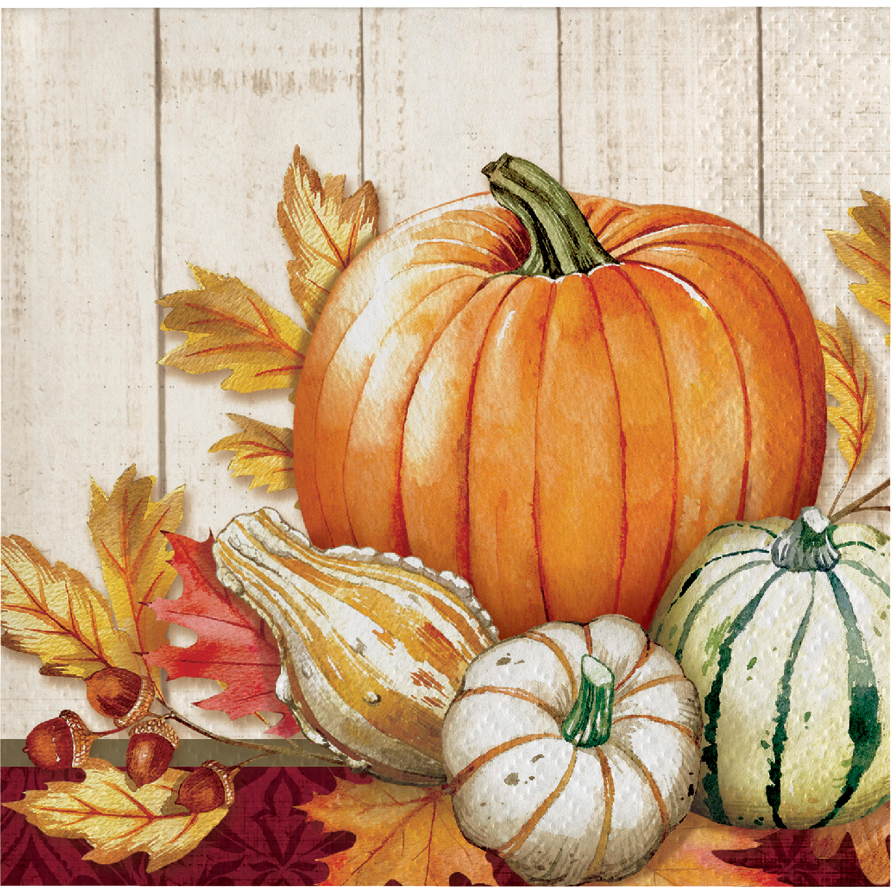 Autumn Bounty 桌布 壁紙 — 一幅水彩風格的秋季靜物畫，以一個大橙色南瓜為主體，周圍環繞著葫蘆、橡果和鮮豔的秋葉，背景是風化的木板。
