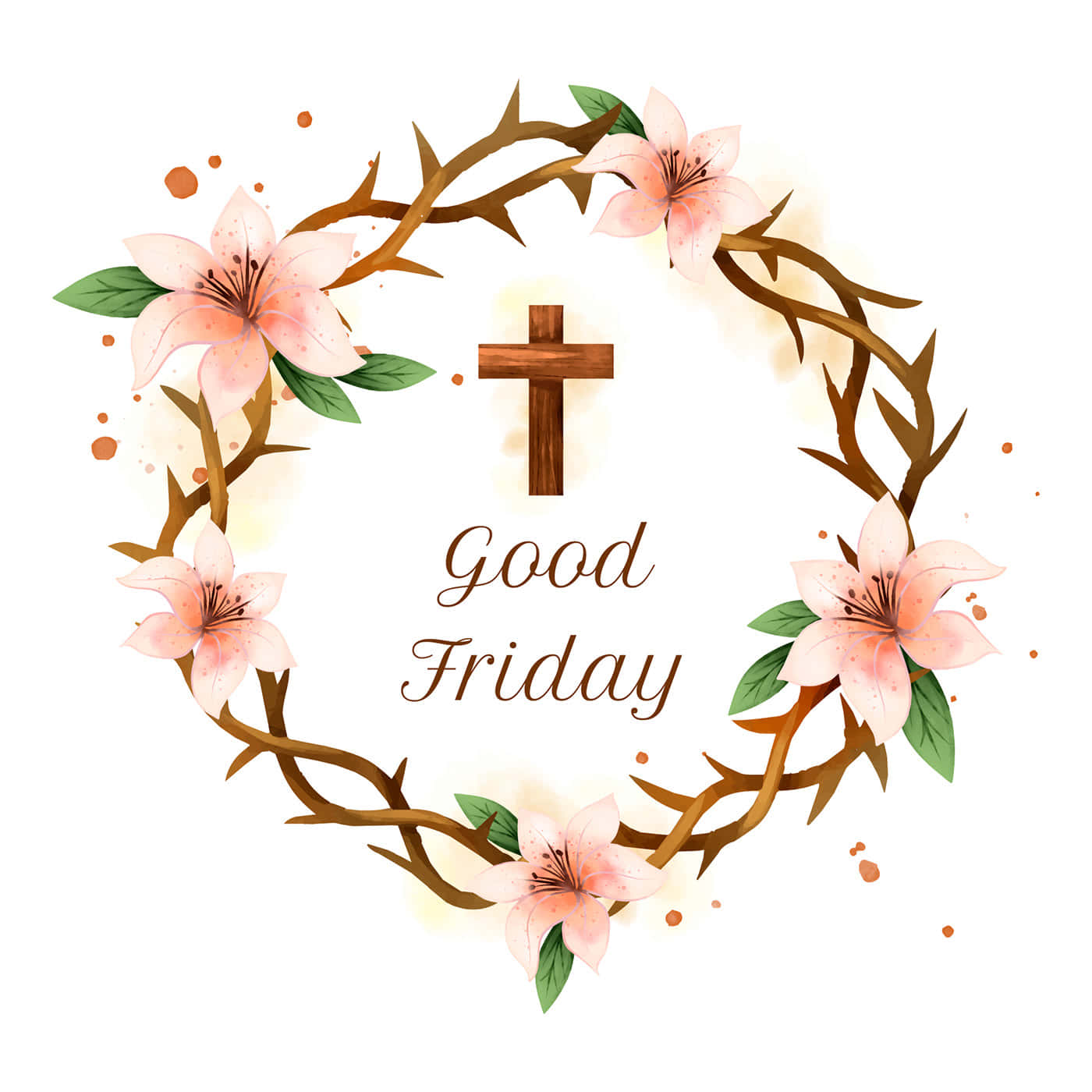 Good Friday 桌布 壁紙 — 一幅水彩風格的耶穌受難日花環，粉紅色百合和荊棘環繞著木製十字架，背景為柔和白色。