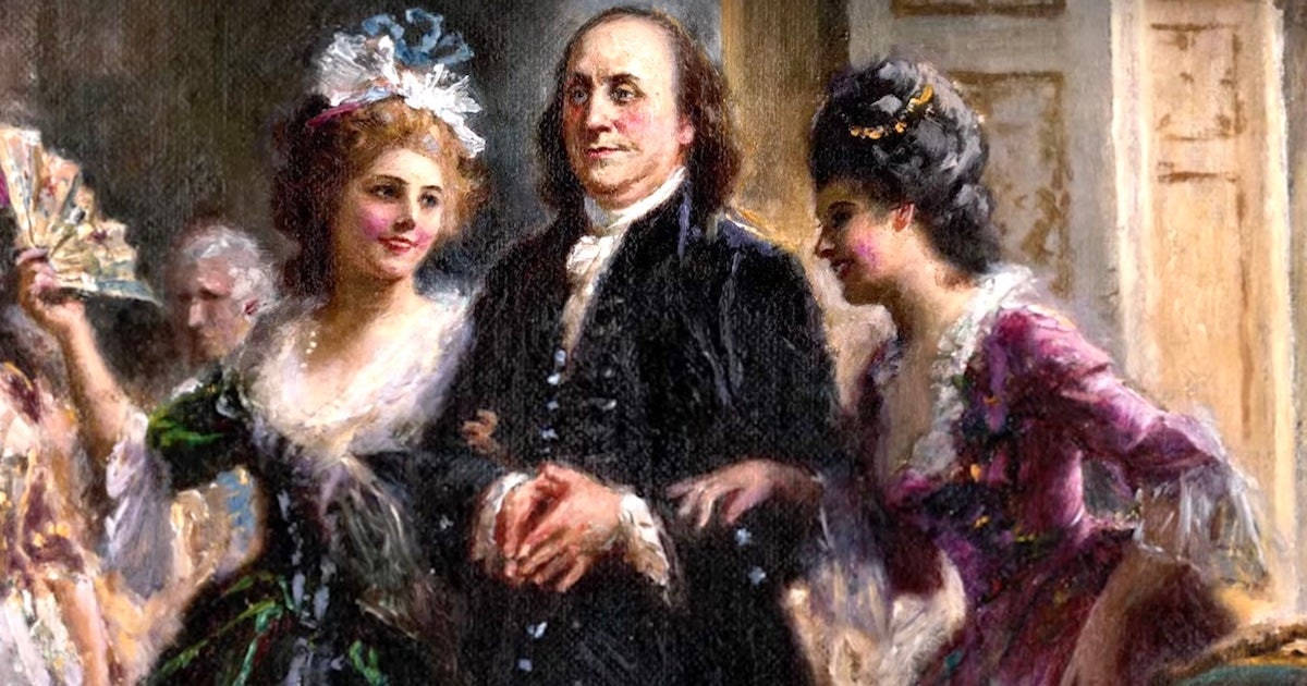 Franklin 桌布 壁紙 — 一幅油畫描繪了一位18世紀的紳士，兩旁是兩位衣著優雅的女士，身處裝飾華麗的房間。