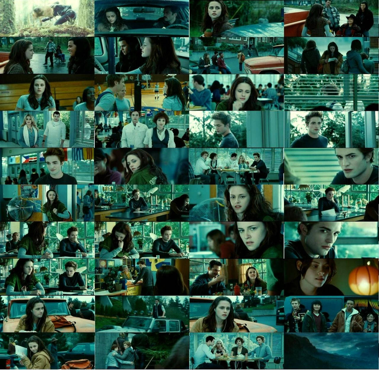 Twilight Aesthetic 桌布 壁紙 — 一幅浪漫劇情場景的拼貼畫，描繪年輕戀人在汽車、學校和親密時刻，籠罩在憂鬱的青色燈光下。