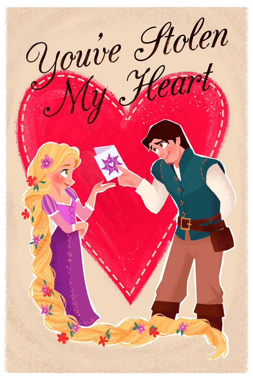 Disney Valentine 桌布 壁紙 — 一幅浪漫插圖，描繪長髮公主和費林·雷德在縫製的紅色愛心下交換情書，上方有文字。