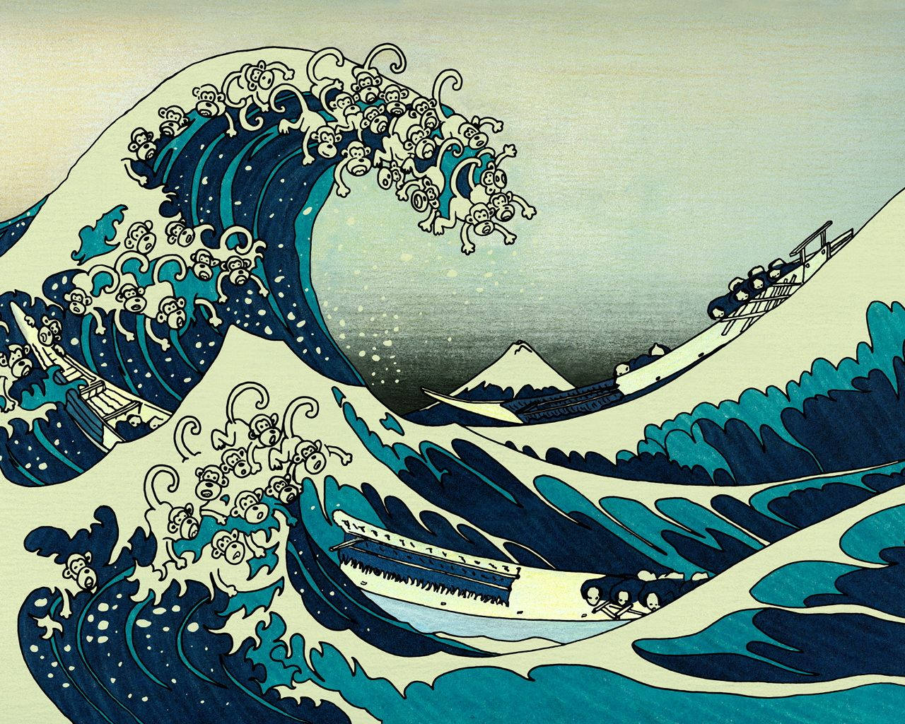 日式海浪 桌布 壁紙 — 一幅浮世繪風格的巨浪衝擊船隻，遠方有富士山。