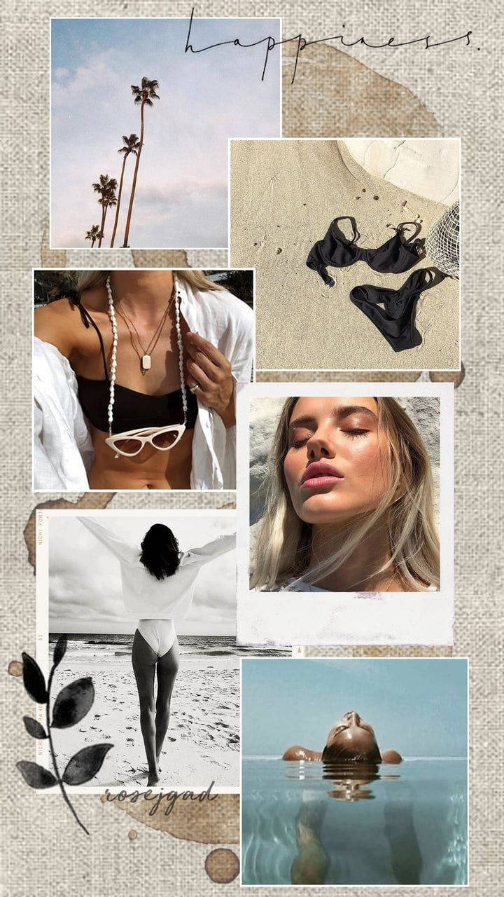 Summer Collage 桌布 壁紙 — 一幅海灘場景拼貼畫，包含棕櫚樹、泳衣和曬太陽的女性，喚起夏日放鬆的感覺。
