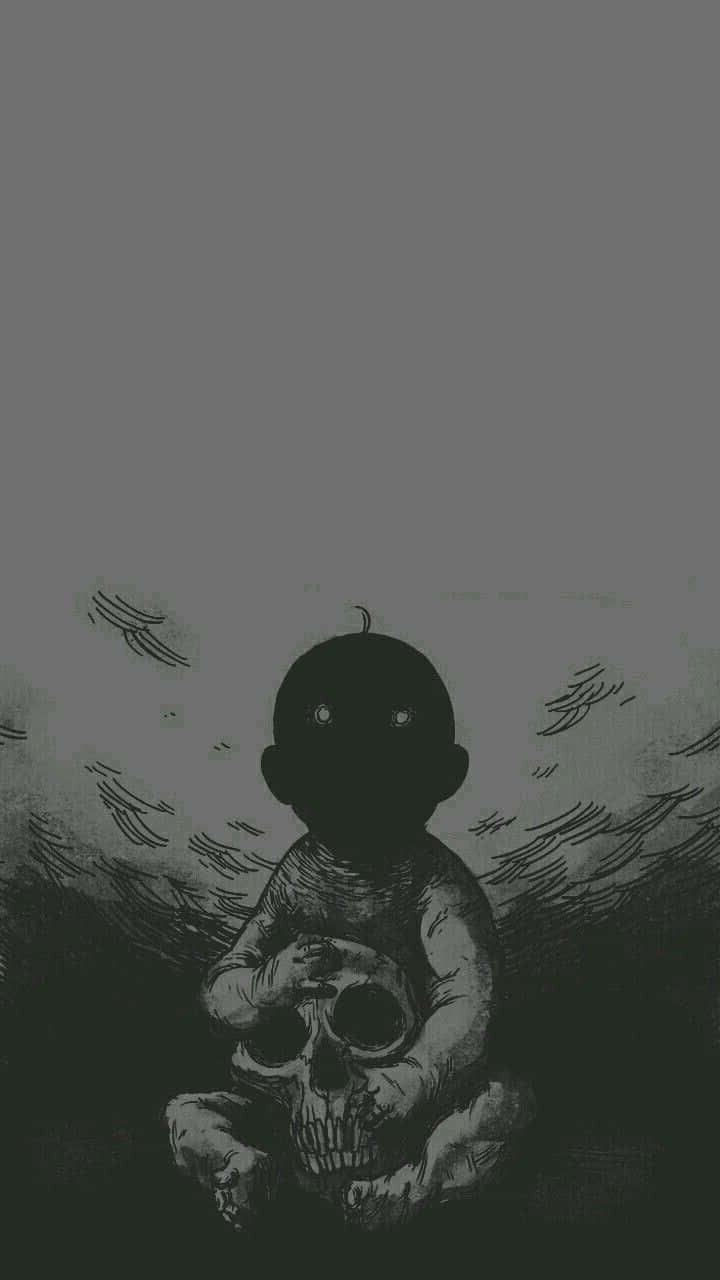 Goth Aesthetic Black 桌布 壁紙 — 一幅深色墨水插圖，描繪一個嬰兒在暴風雨灰濛濛的天空下抱著一個頭骨。