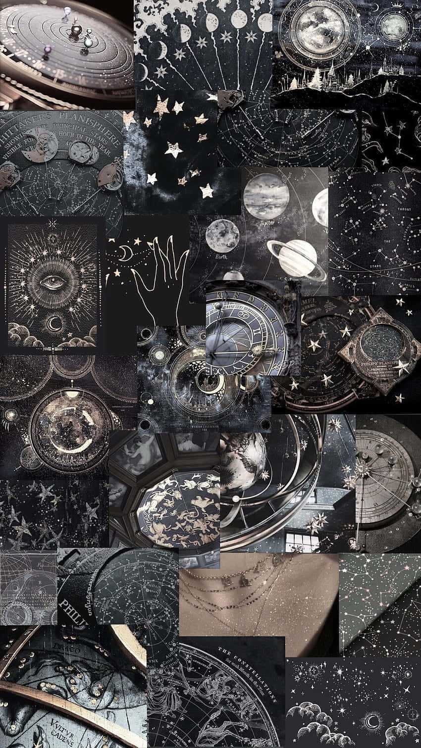 桌布 壁紙 — 一幅深色天體拼貼畫，以單色調呈現復古星盤、行星、恆星和宇宙符號。