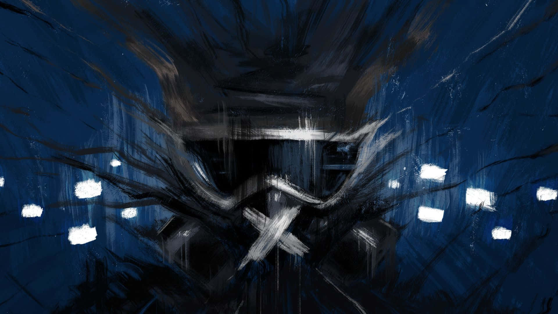 Rainbow Six Siege Operators 桌布 壁紙 — 一幅深色抽象數位繪畫，描繪一個風格化的面孔，帶有發光的白色眼睛，背景為深藍色。