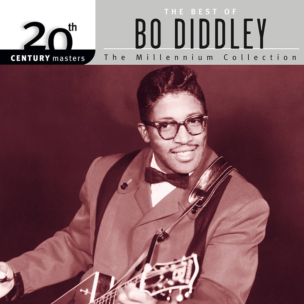 吉他動圖 桌布 壁紙 — 一幅深褐色調的肖像，Bo Diddley 在深色背景下微笑彈奏他的標誌性吉他。