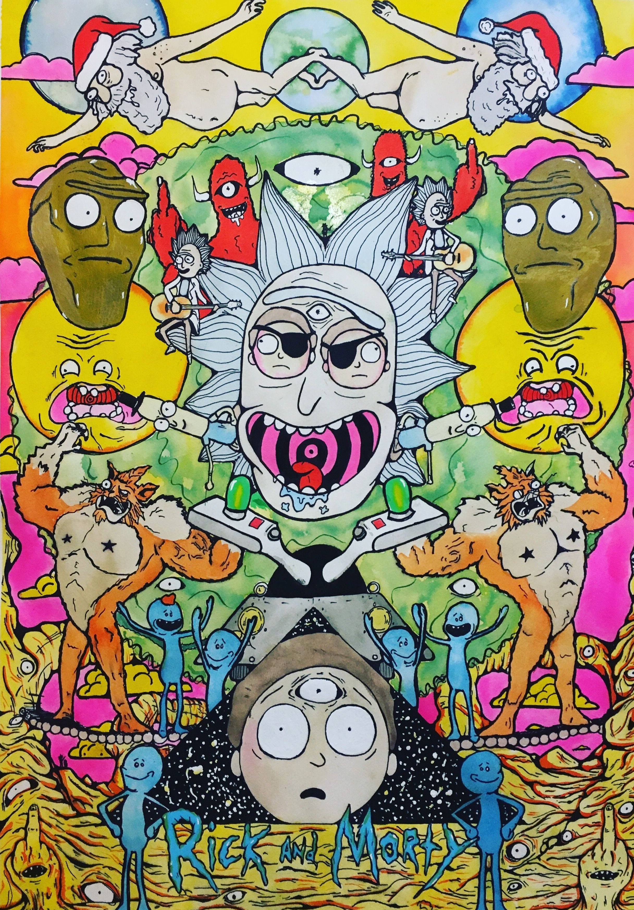 Trippy Dope 桌布 壁紙 — 一幅混亂、迷幻的插圖，描繪瑞克和莫蒂被超現實角色和漂浮頭顱環繞，色彩鮮豔。