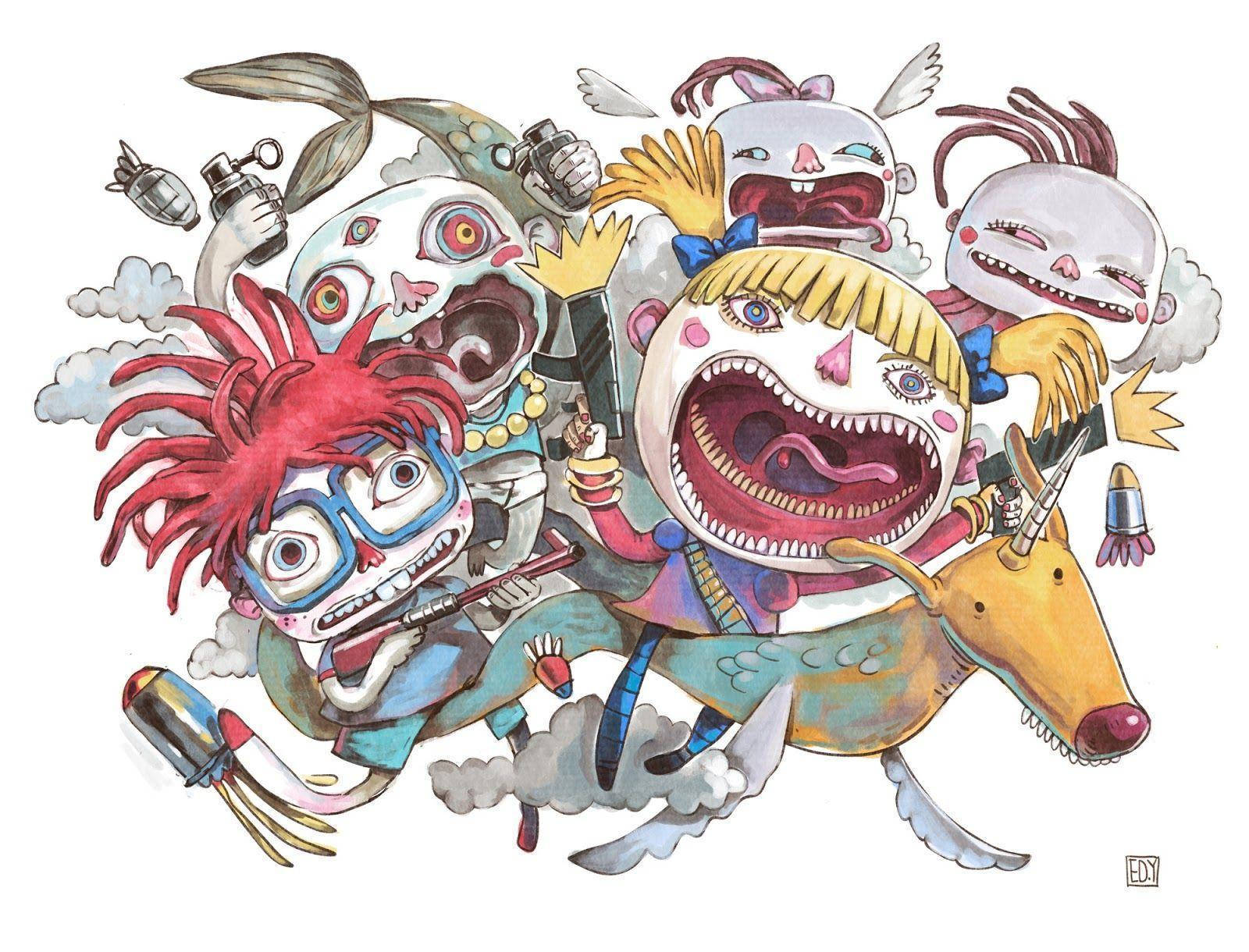 Cartoon 桌布 壁紙 — 一幅混亂的動漫風格插圖，描繪了怪誕、尖叫的卡通角色，帶有誇張的特徵和武器，在雲層中飛翔。