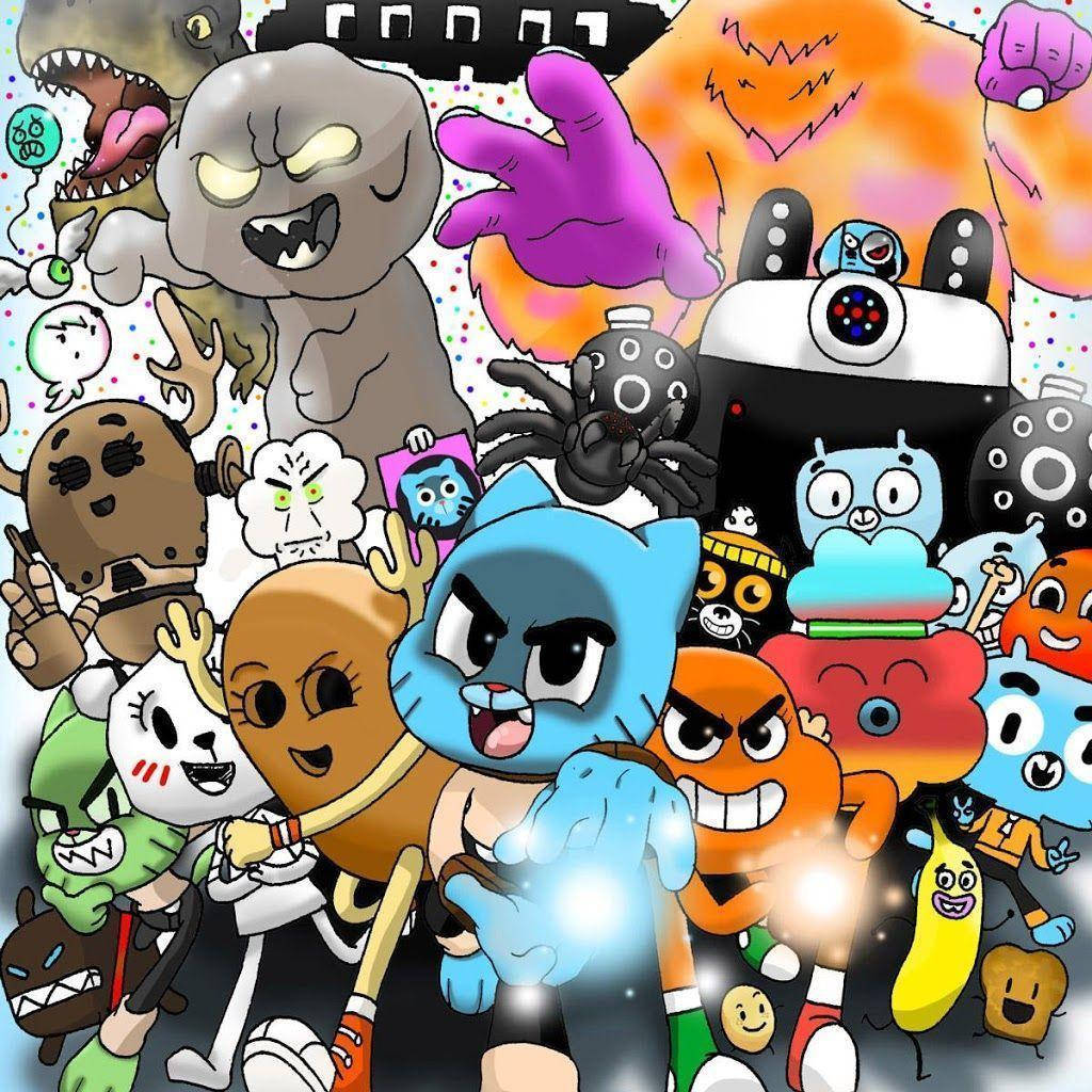 阿甘妙世界 桌布 壁紙 — 一幅混亂的卡通拼貼畫，描繪了甘寶角色和怪物在圓點背景上以鮮豔、富有表現力的姿勢出現。