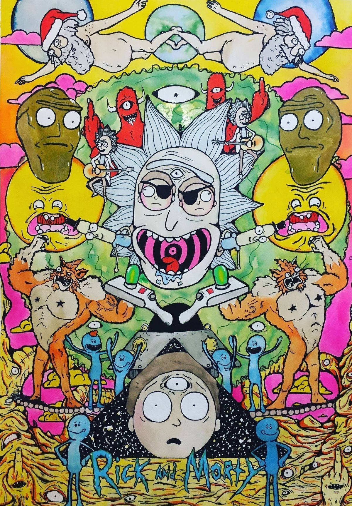 rick 桌布 壁紙 — 一幅混亂的卡通插圖，描繪瑞克和莫蒂被超現實角色和漂浮頭顱包圍，色彩鮮豔迷幻。