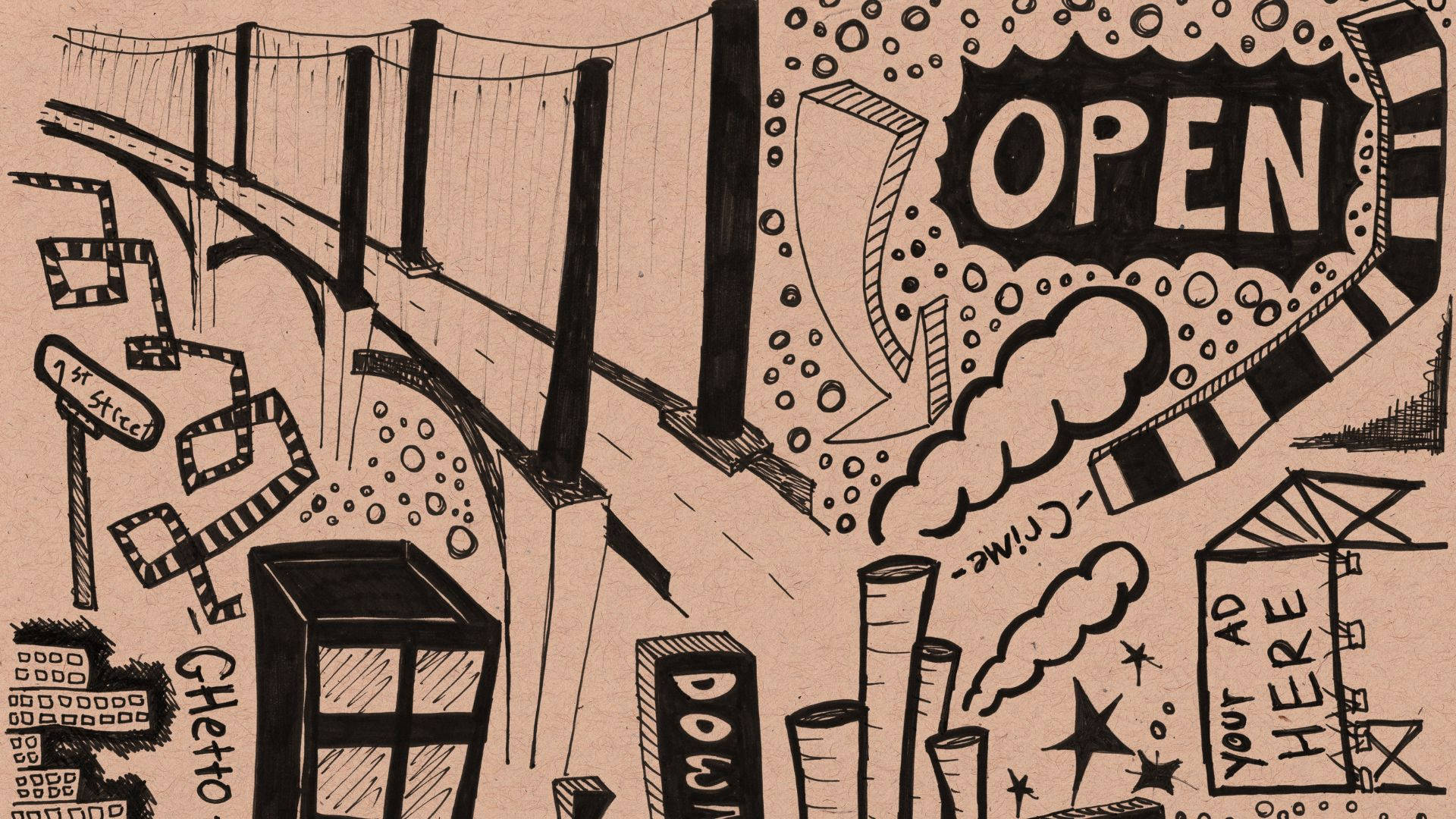 Building 桌布 壁紙 — 一幅混亂的手繪城市衰敗草圖，帶有「OPEN」標誌煙霧和塗鴉覆蓋的建築物。