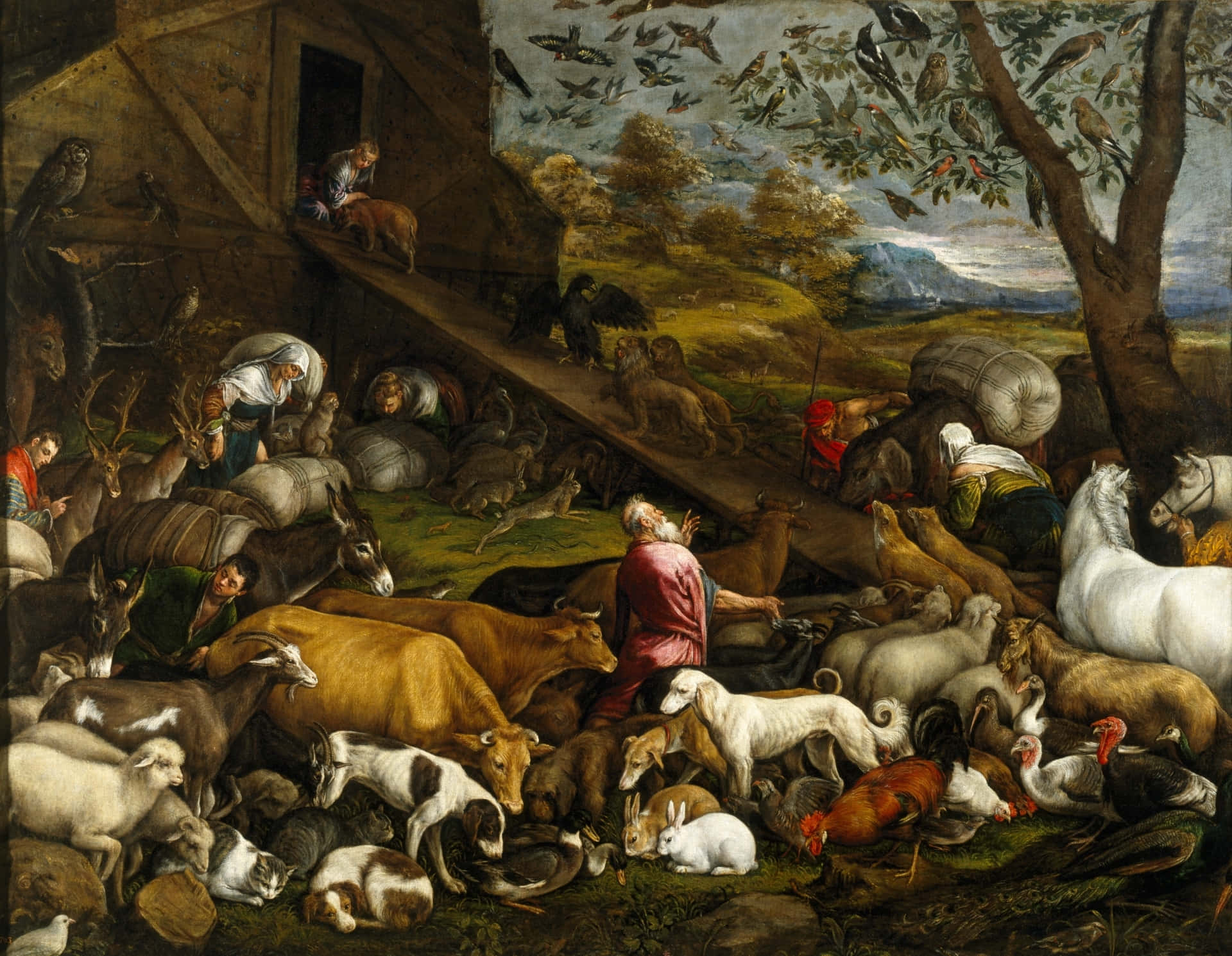 Noah's Ark 桌布 壁紙 — 一幅混亂的文藝復興時期畫作描繪了一個穀倉，在暴風雨的天空下擠滿了數十隻動物和人物。