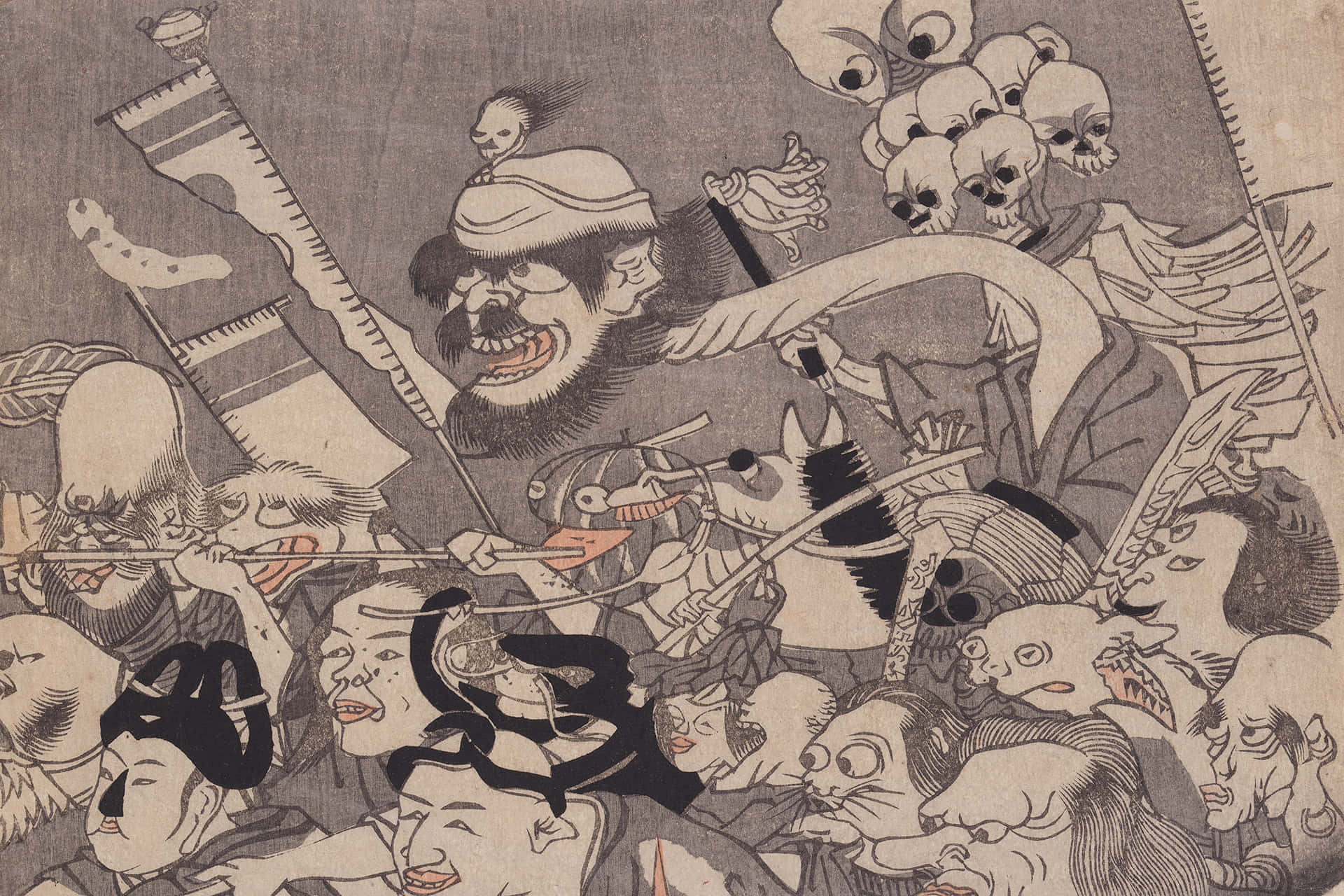 日式 桌布 壁紙 — 一幅混亂的日本木版畫描繪了怪誕的惡魔和戰士們以誇張的表情和動態姿勢進行瘋狂的戰鬥。