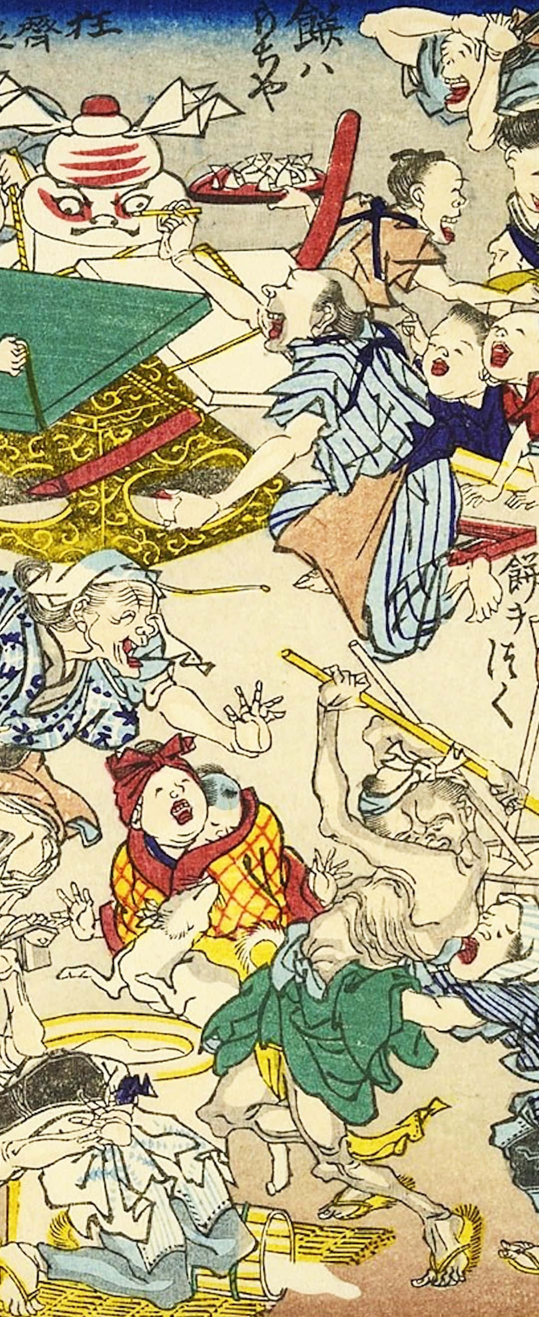 1080x2636 桌布 壁紙 — 一幅混亂的日本浮世繪版畫描繪了惡魔與人類在激烈戰鬥中，表情誇張，色彩鮮豔。