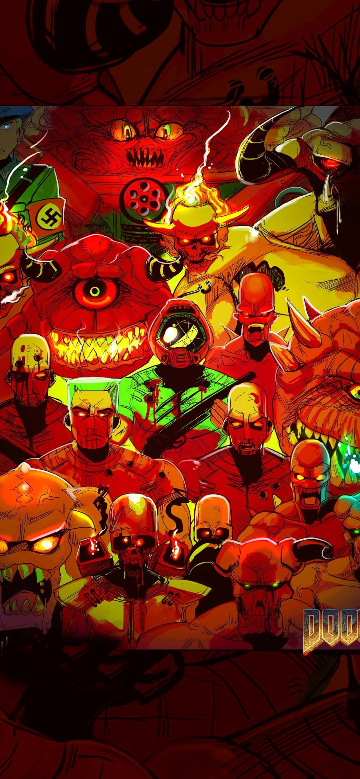 Doom iPhone 桌布 壁紙 — 一幅混亂的漫畫風格插圖，描繪了怪誕的惡魔形象，帶有發光的眼睛和鋒利的牙齒，色調為火紅和霓虹綠。
