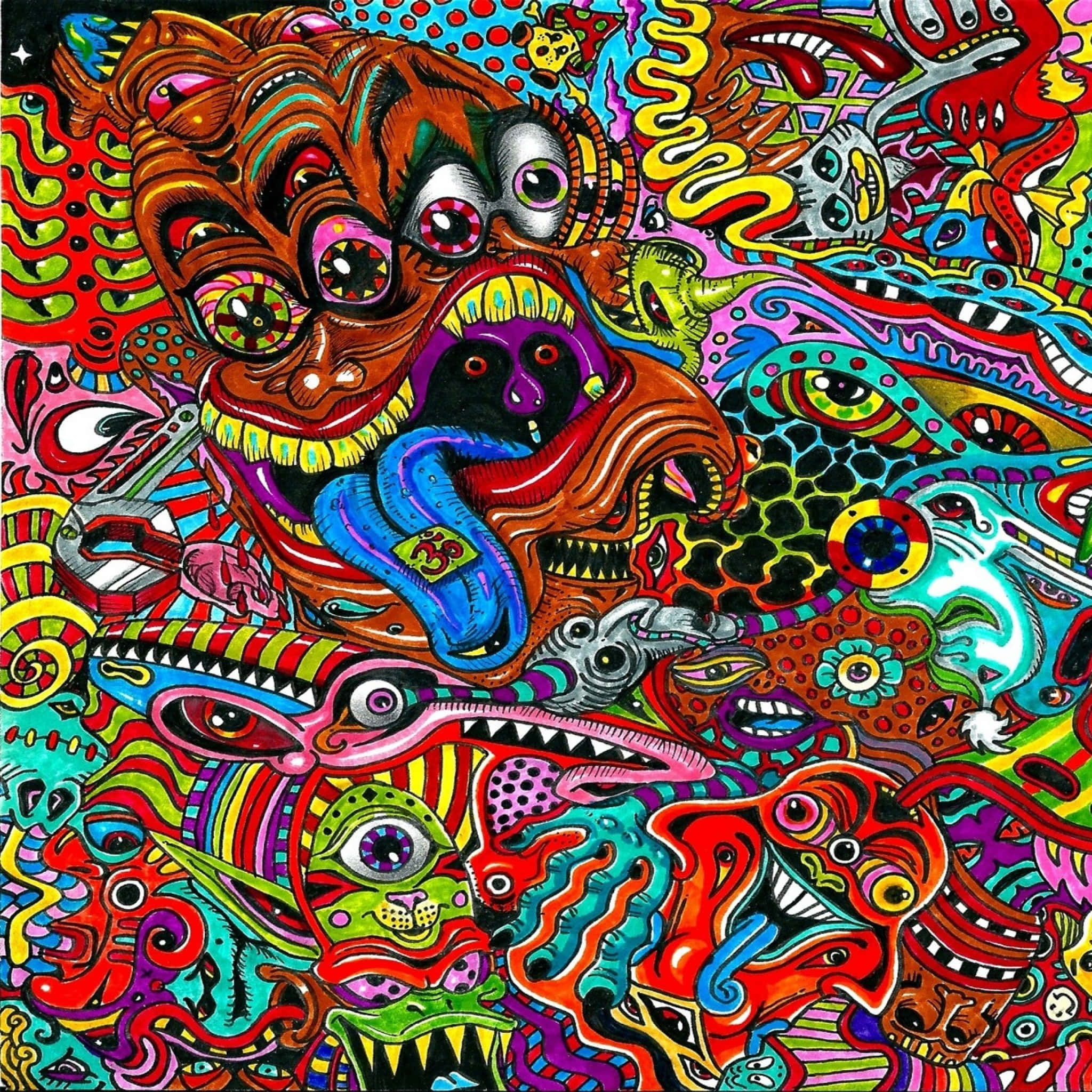 迷幻動圖 桌布 壁紙 — 一幅混亂的迷幻插圖，充滿超現實生物、鮮豔色彩和多隻眼睛，構成瘋狂的畫面。
