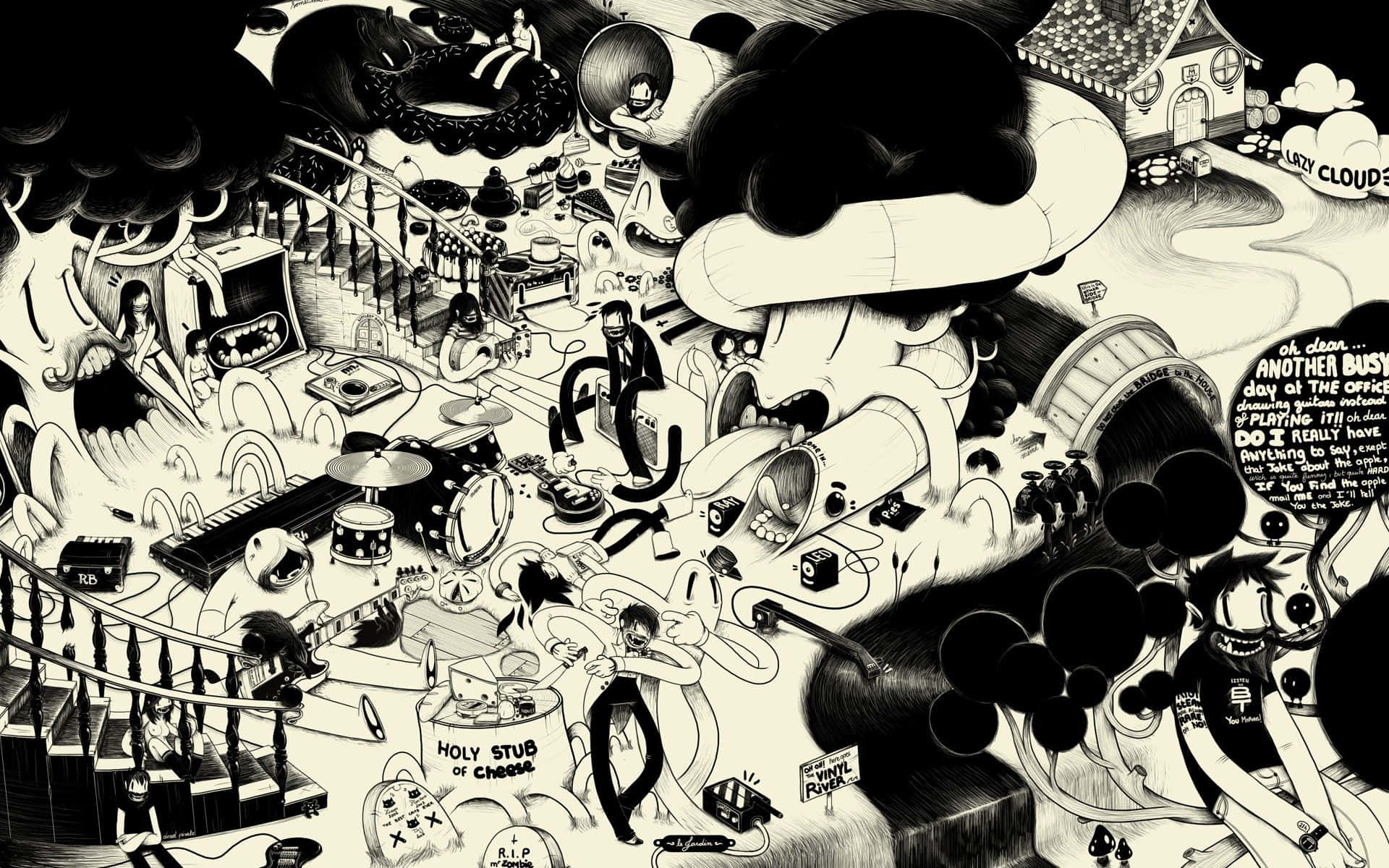 Vintage Cartoon Aesthetic 桌布 壁紙 — 一幅混亂的黑白卡通插圖，描繪一個被怪異樂器和擬人化物體佔據的超現實辦公室。