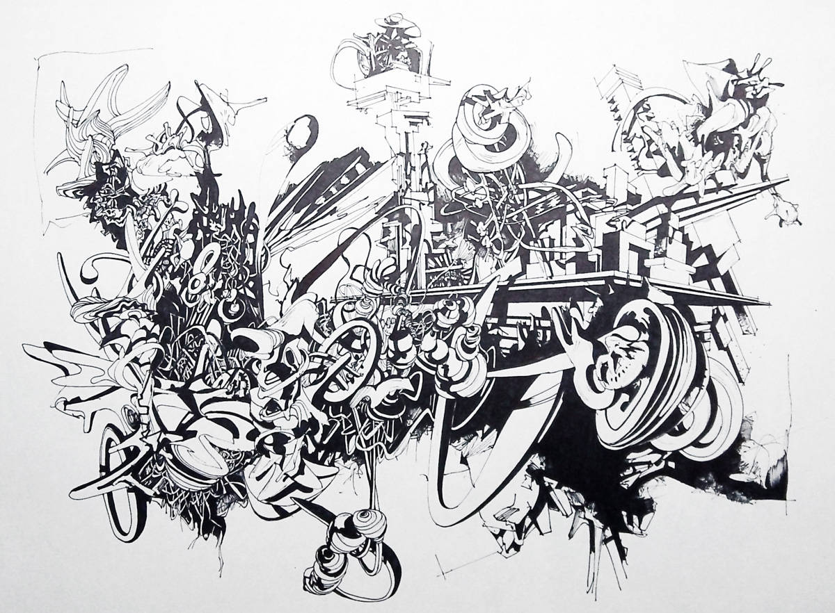 Black And White Graffiti 桌布 壁紙 — 一幅混亂的黑白墨水畫，充滿抽象漩渦形態和機械塗鴉。