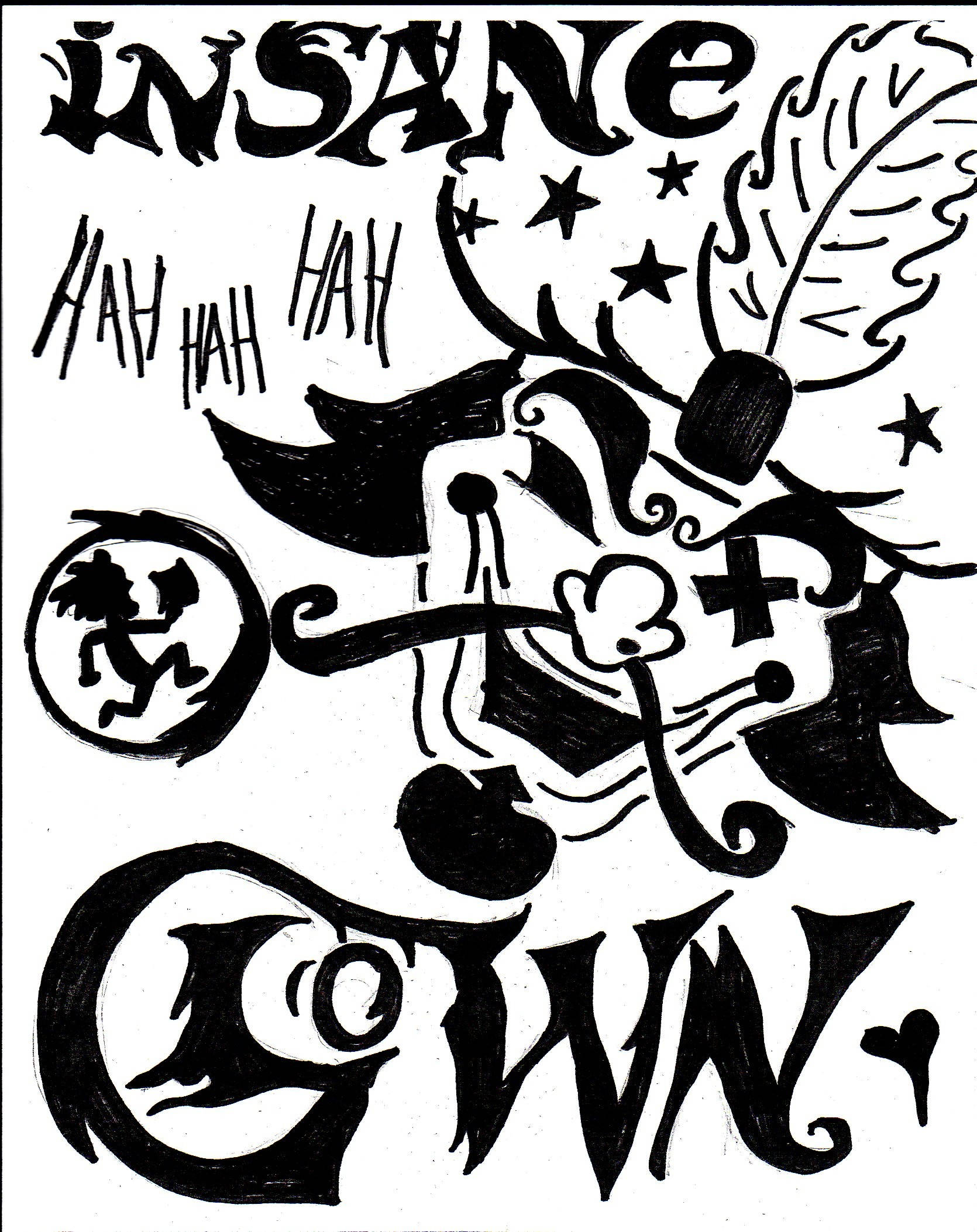 Icp 桌布 壁紙 — 一幅混亂的黑白插圖，上面有「INSANE」這個詞，位於一個風格化的小丑上方，小丑帶有星星和羽毛，瘋狂地大笑。