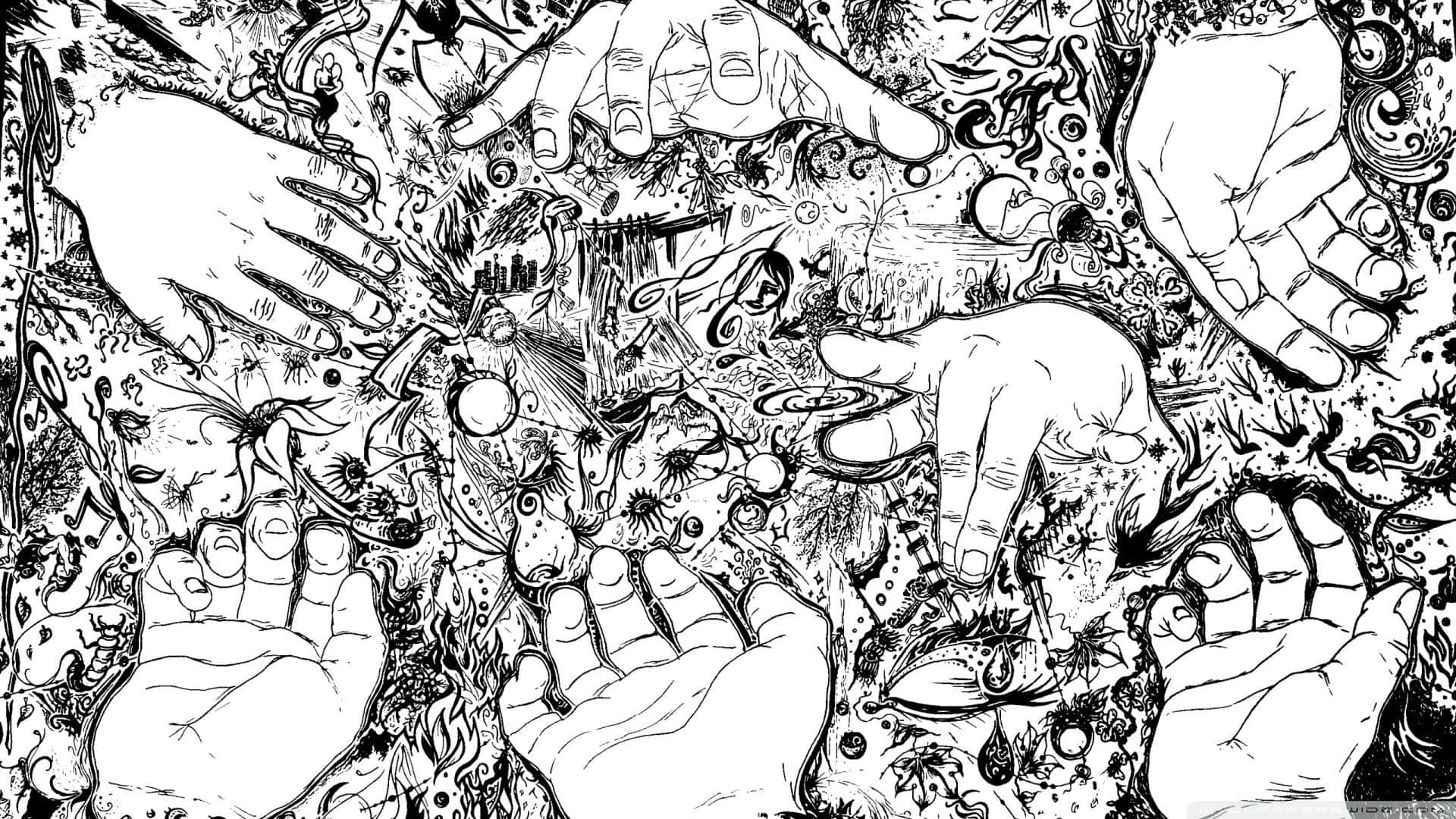 藝術 桌布 壁紙 — 一幅混亂的黑白插圖，多隻手向內伸向中央的超現實塗鴉和符號爆炸。