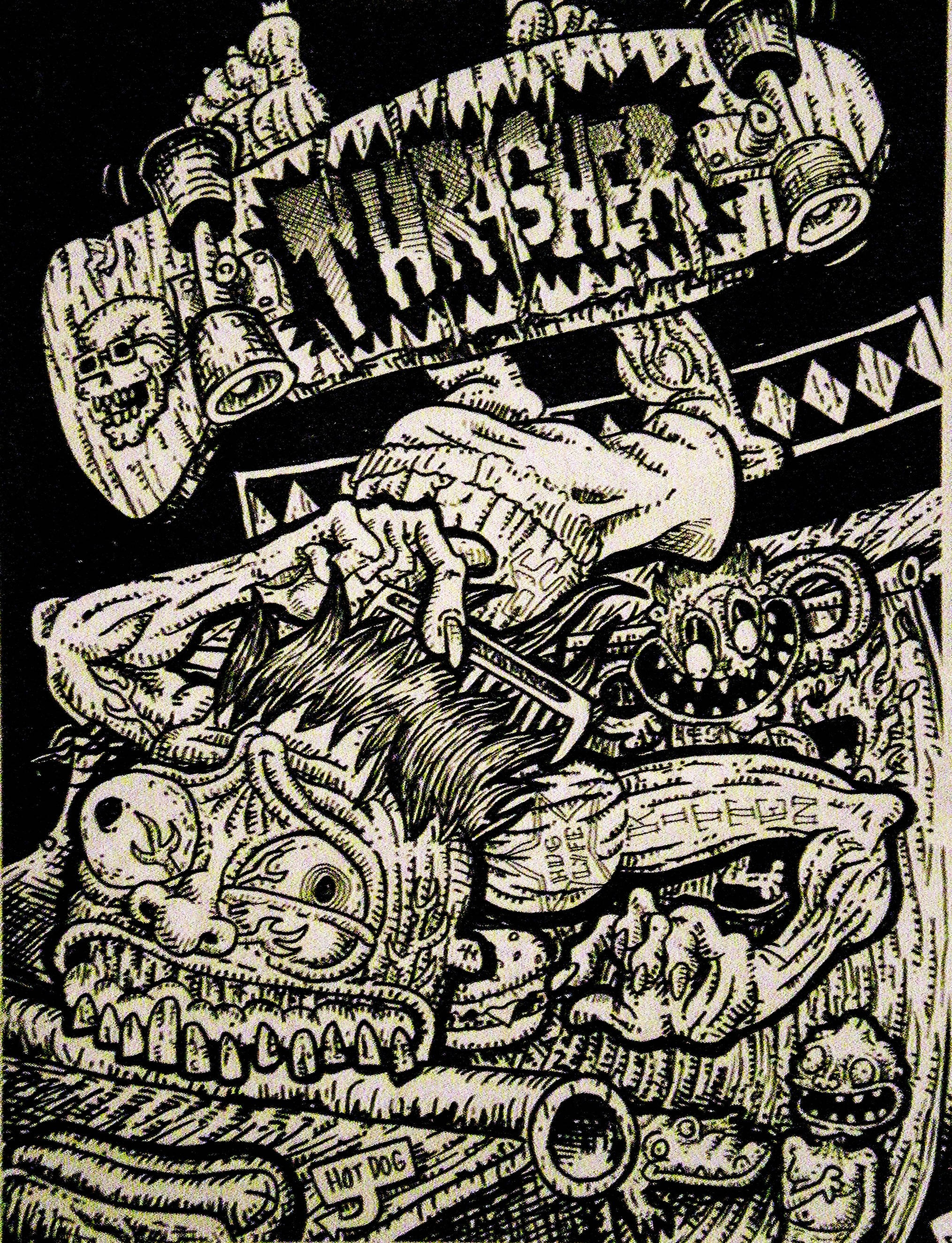 Thrasher 桌布 壁紙 — 一幅混亂的黑白插圖，描繪一名滑板手在怪誕的怪物面孔和頭骨上方騰空而起。