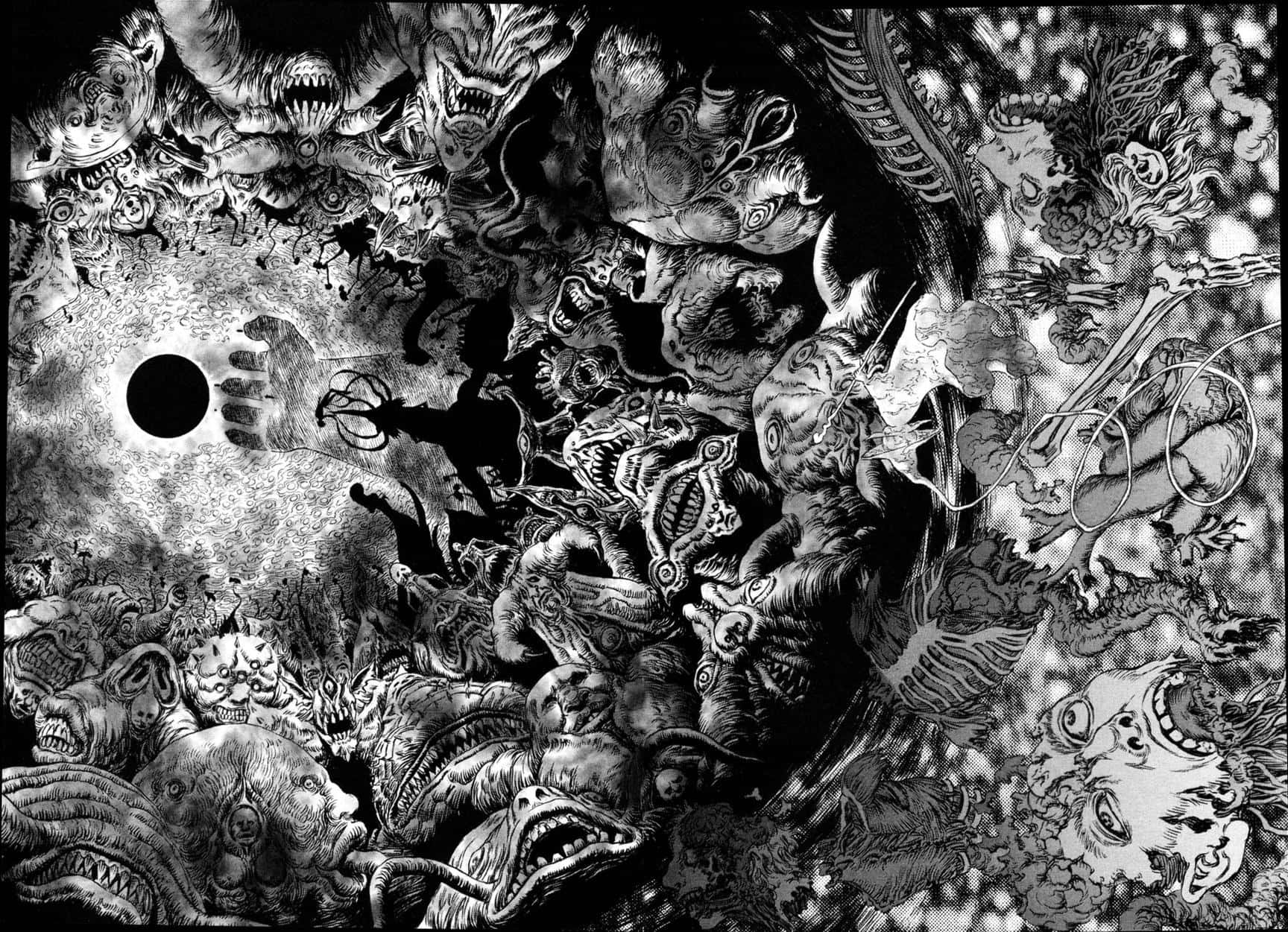 動漫 桌布 壁紙 — 一幅混亂的黑白插圖，描繪了怪誕的怪物面孔和肢體圍繞著中央的黑暗漩渦。