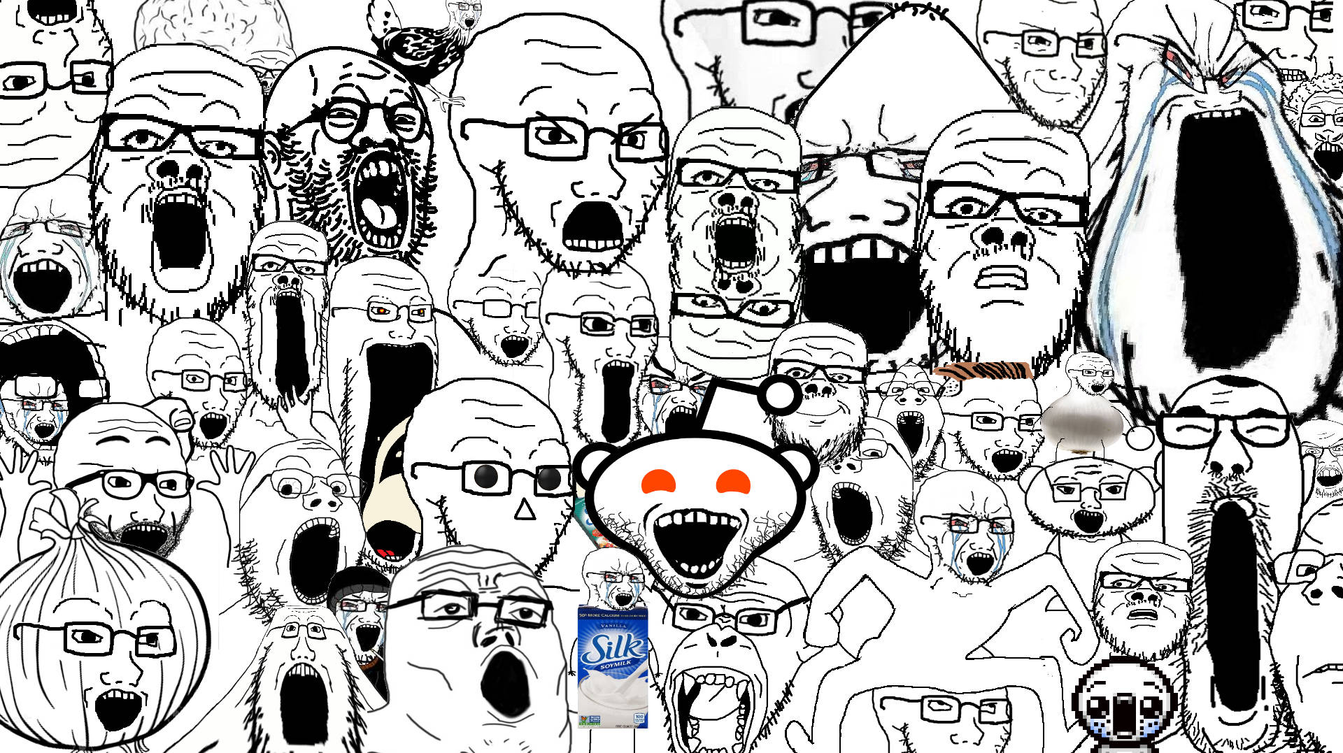 faces 桌布 壁紙 — 一幅混亂的黑白插圖，描繪尖叫的面孔，中央有一個 Reddit 外星人和一個 Silk 牛奶盒。