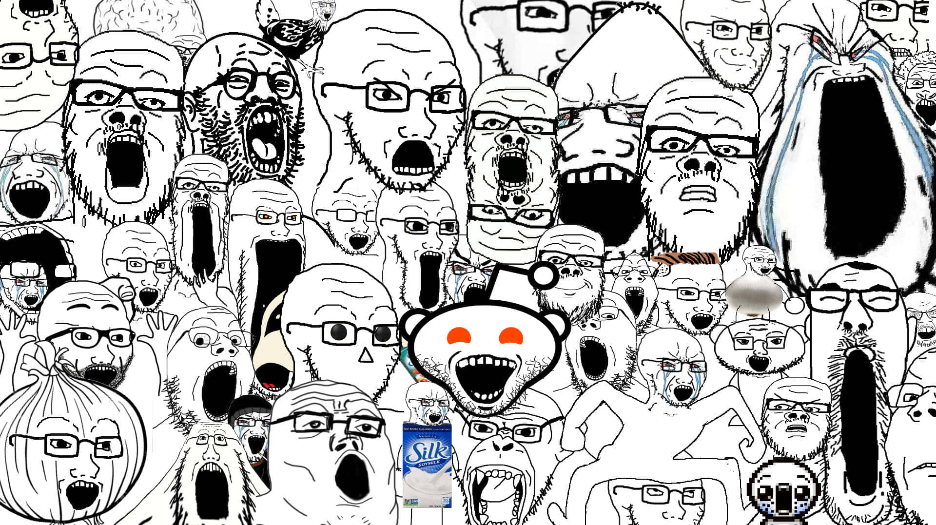 Cartoon 桌布 壁紙 — 一幅混亂的黑白插圖，描繪尖叫的面孔，中央有一個 Reddit 外星人和一個 Silk 牛奶盒。