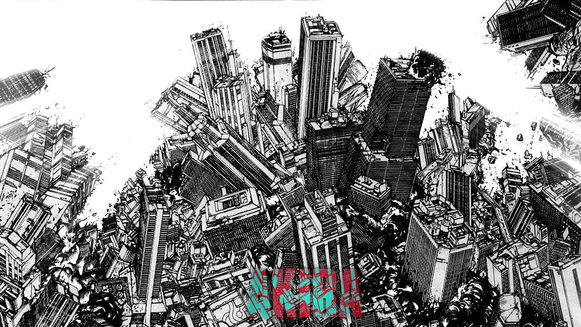 Title 桌布 壁紙 — 一幅混亂的黑白插圖，描繪摩天大樓在戲劇性的城市爆炸中倒塌。
