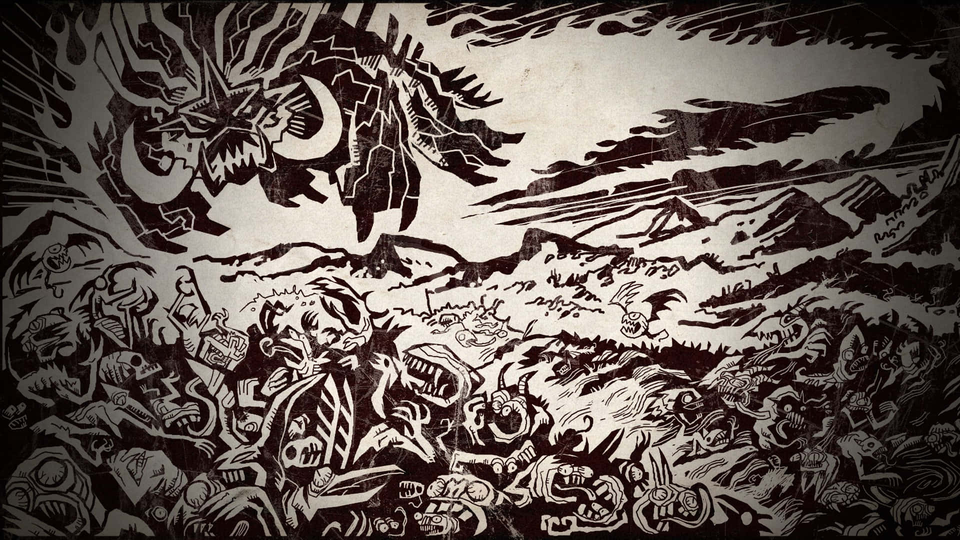 高清 桌布 壁紙 — 一幅混亂的黑白插圖描繪了一支怪物軍隊在暴風雨戰場上與一個巨大的惡魔形象戰鬥。