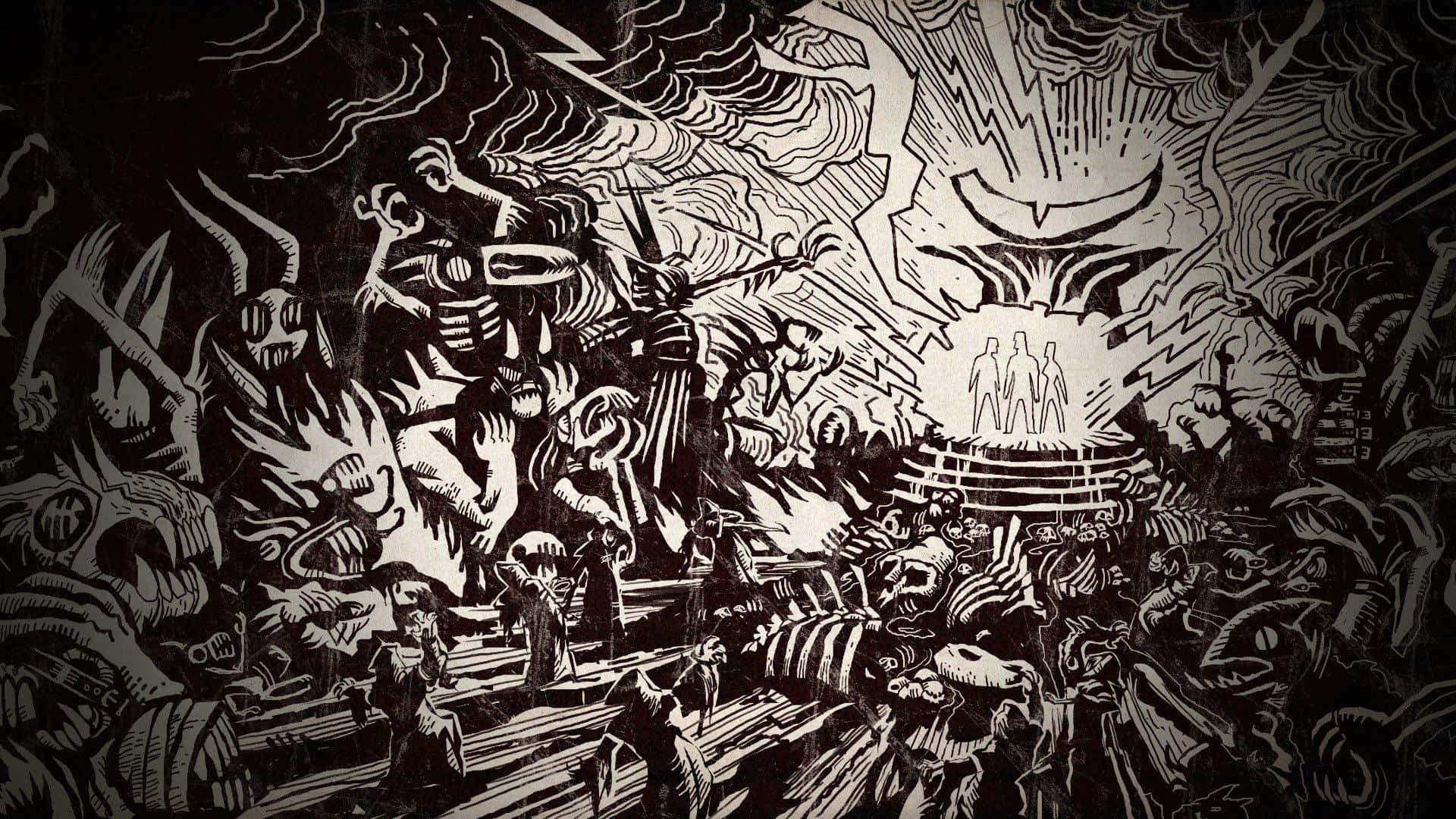 高清 桌布 壁紙 — 一幅混亂的黑白插圖描繪了怪獸攻擊中央平台，平台上有三個人物在鋸齒狀的天空下堅定地站立。