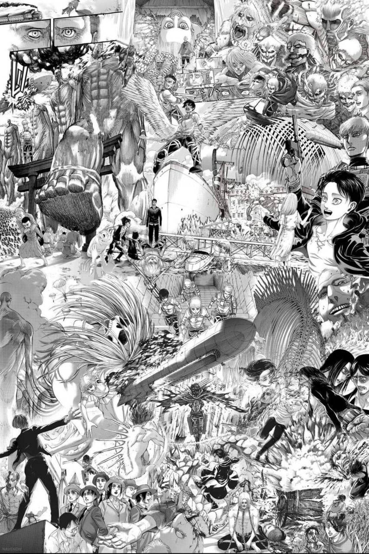 漫畫gif 桌布 壁紙 — 一幅混亂的黑白漫畫拼貼畫，充滿了《進擊的巨人》中的巨型巨人、士兵和角色，呈現動態的動作場景。