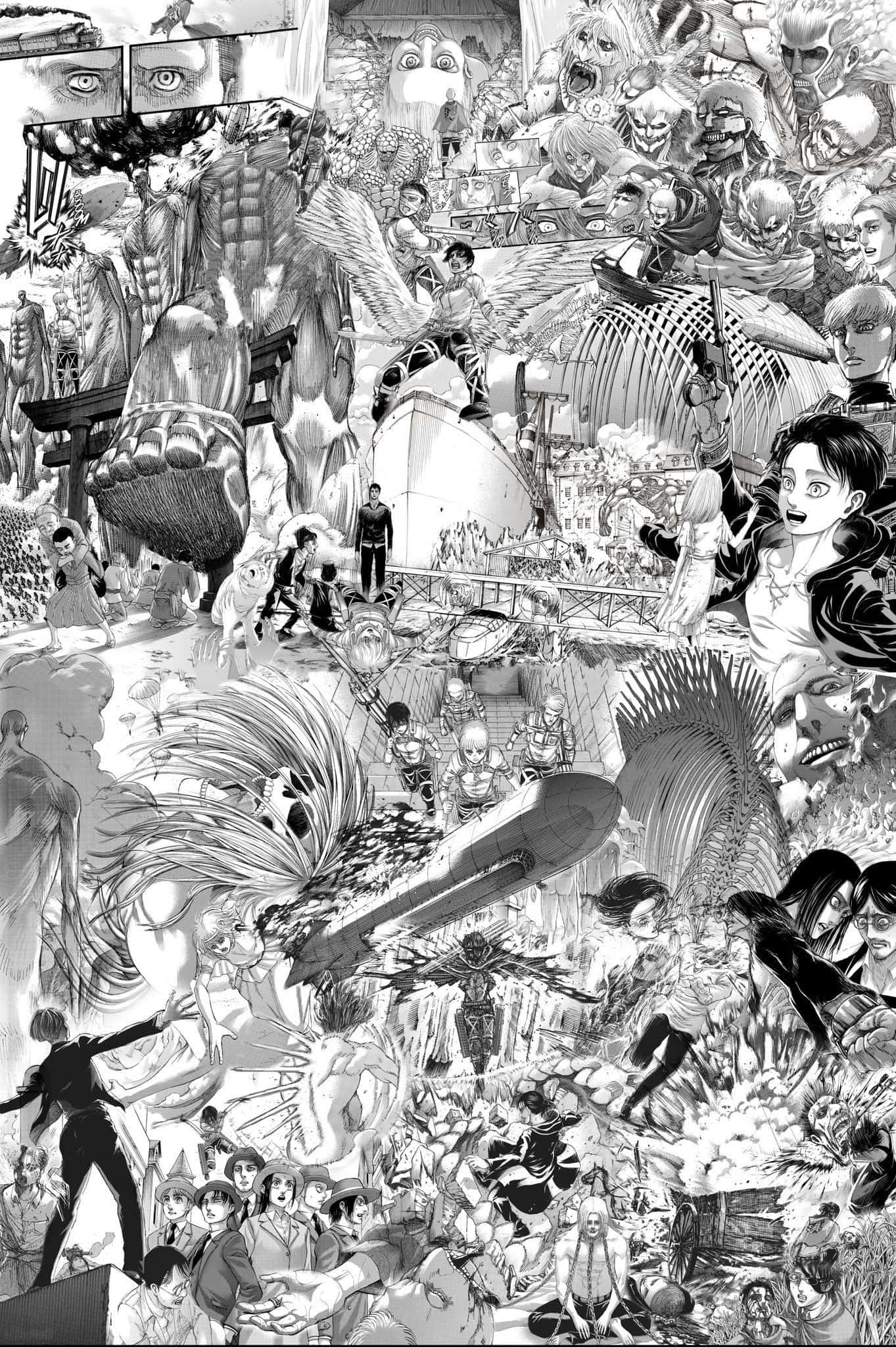 進擊的巨人 桌布 壁紙 — 一幅混亂的黑白漫畫拼貼畫，描繪了巨型巨人、士兵和角色在擁擠的城市景觀中進行動態戰鬥場景。