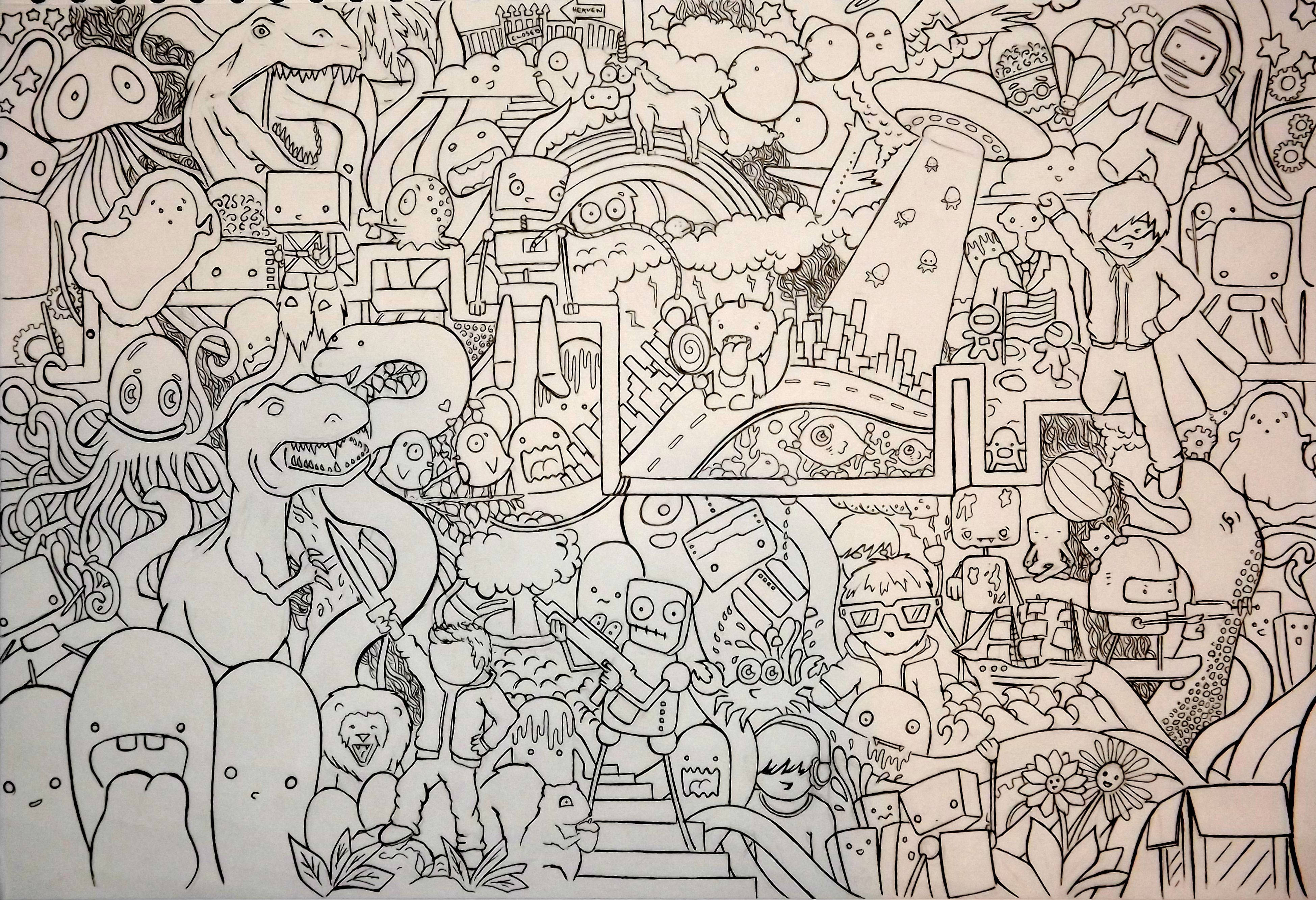 獨立 桌布 壁紙 — 一幅混亂的黑白線條畫，充滿卡通怪物、機器人和超現實生物，以密集的塗鴉風格呈現。