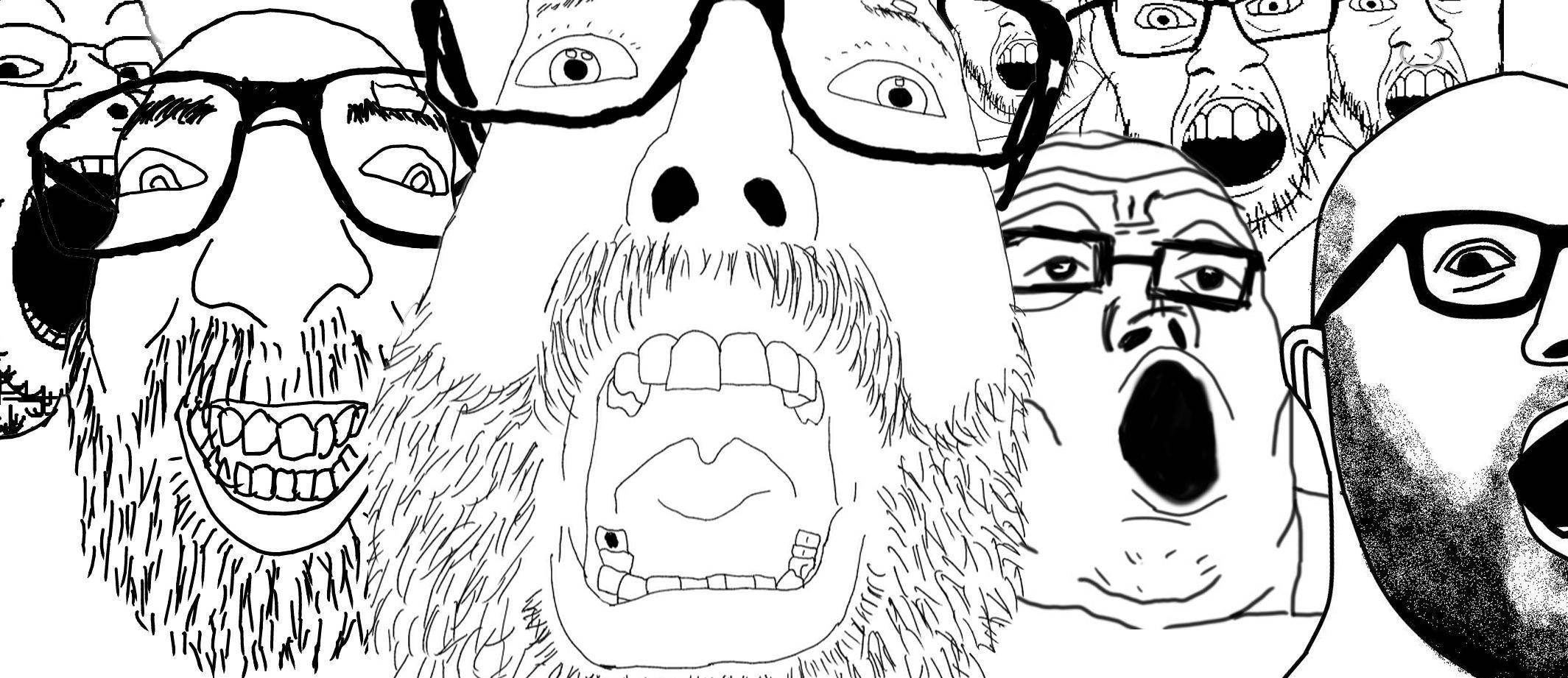 faces 桌布 壁紙 — 一幅混亂的黑白線條畫，描繪多名戴眼鏡、表情誇張的尖叫男子。