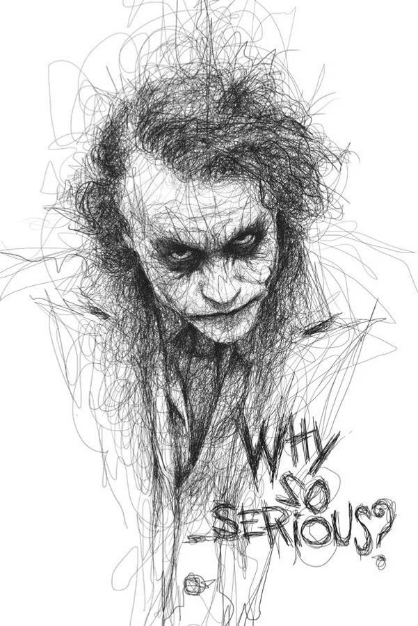 Black And White Joker 桌布 壁紙 — 一幅混亂的黑白草圖，描繪小丑（Joker）頭髮凌亂、露出邪惡笑容，周圍佈滿塗鴉和文字「WHY SO SERIOUS?」