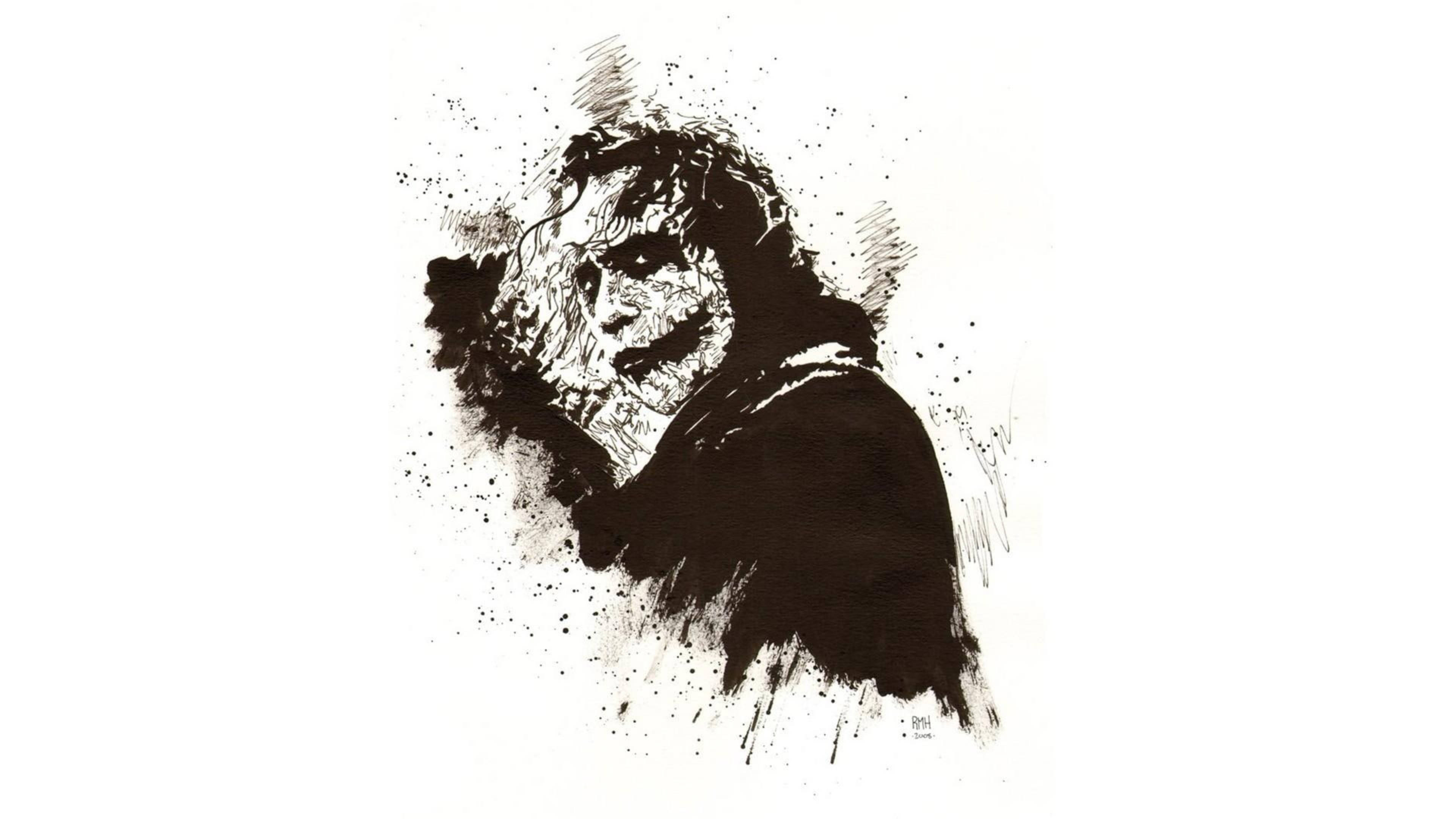 Joker Drawing 桌布 壁紙 — 一幅混亂的黑色墨水飛濺小丑肖像，特徵模糊，頭髮狂野，背景為純白色。